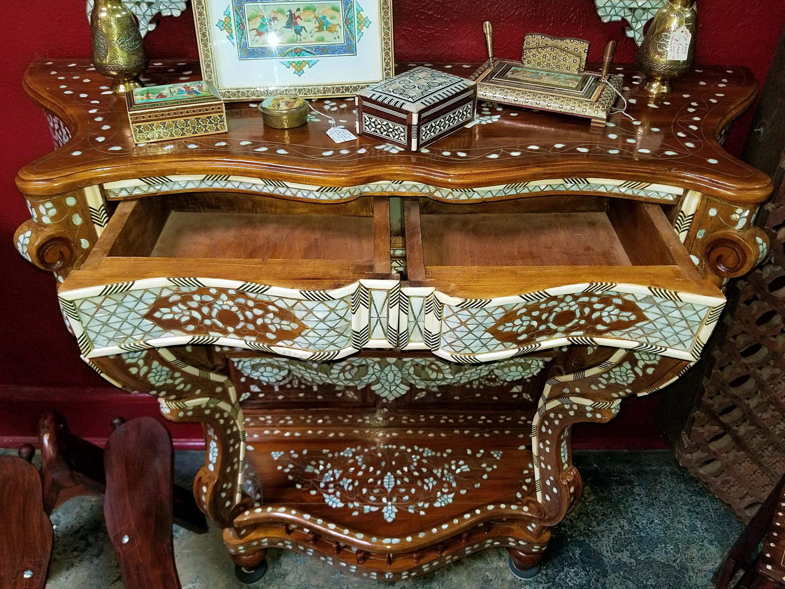 Moroccan Bone and Mother of Pearl Inlaid Console Table and Mirror 10