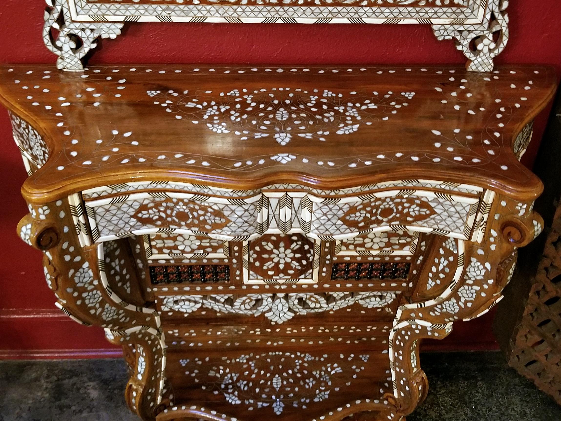 Islamic Moroccan Bone and Mother of Pearl Inlaid Console Table and Mirror