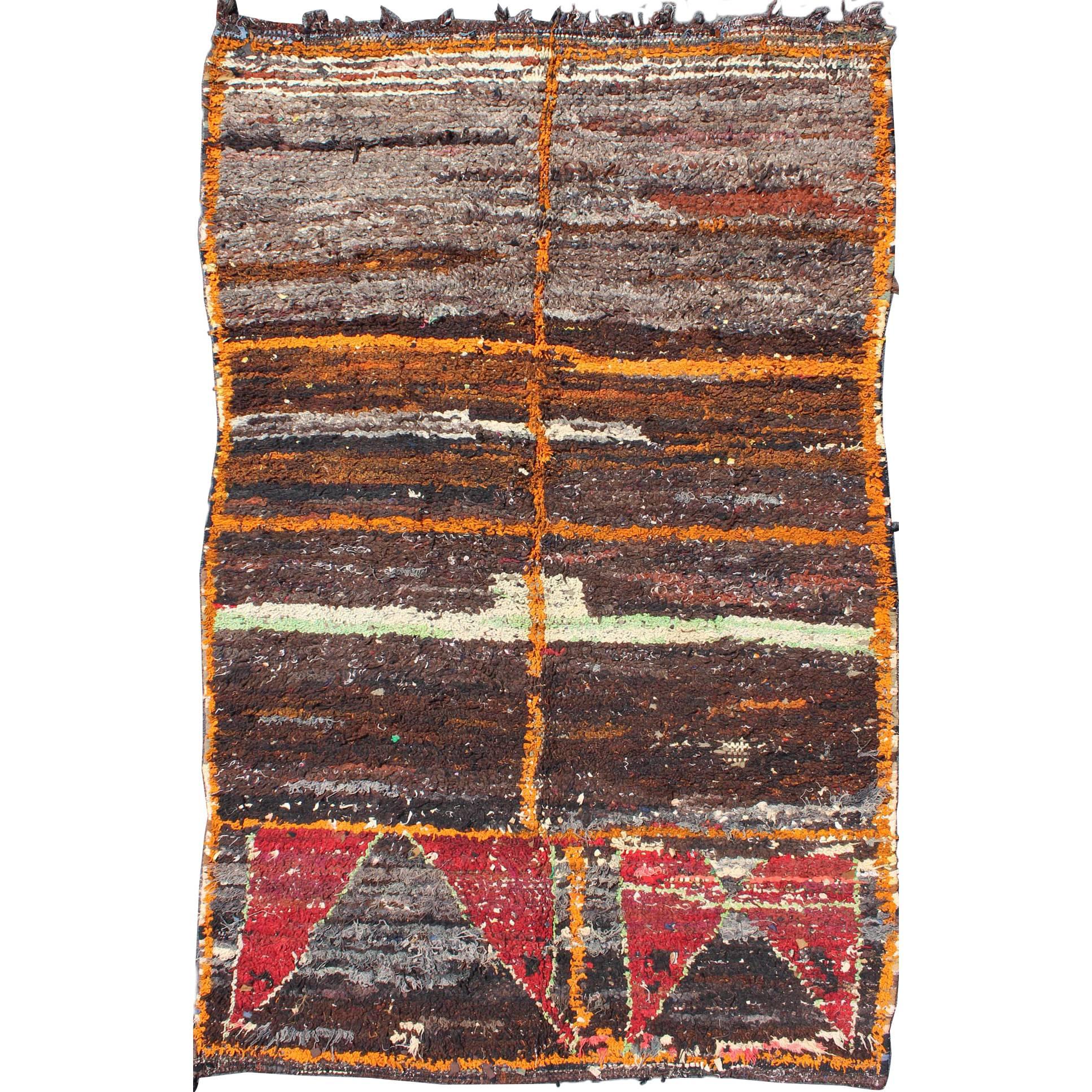 Moroccan Boucherouite Large Rag Rug with Abstract Design in Charcoal and Brown For Sale