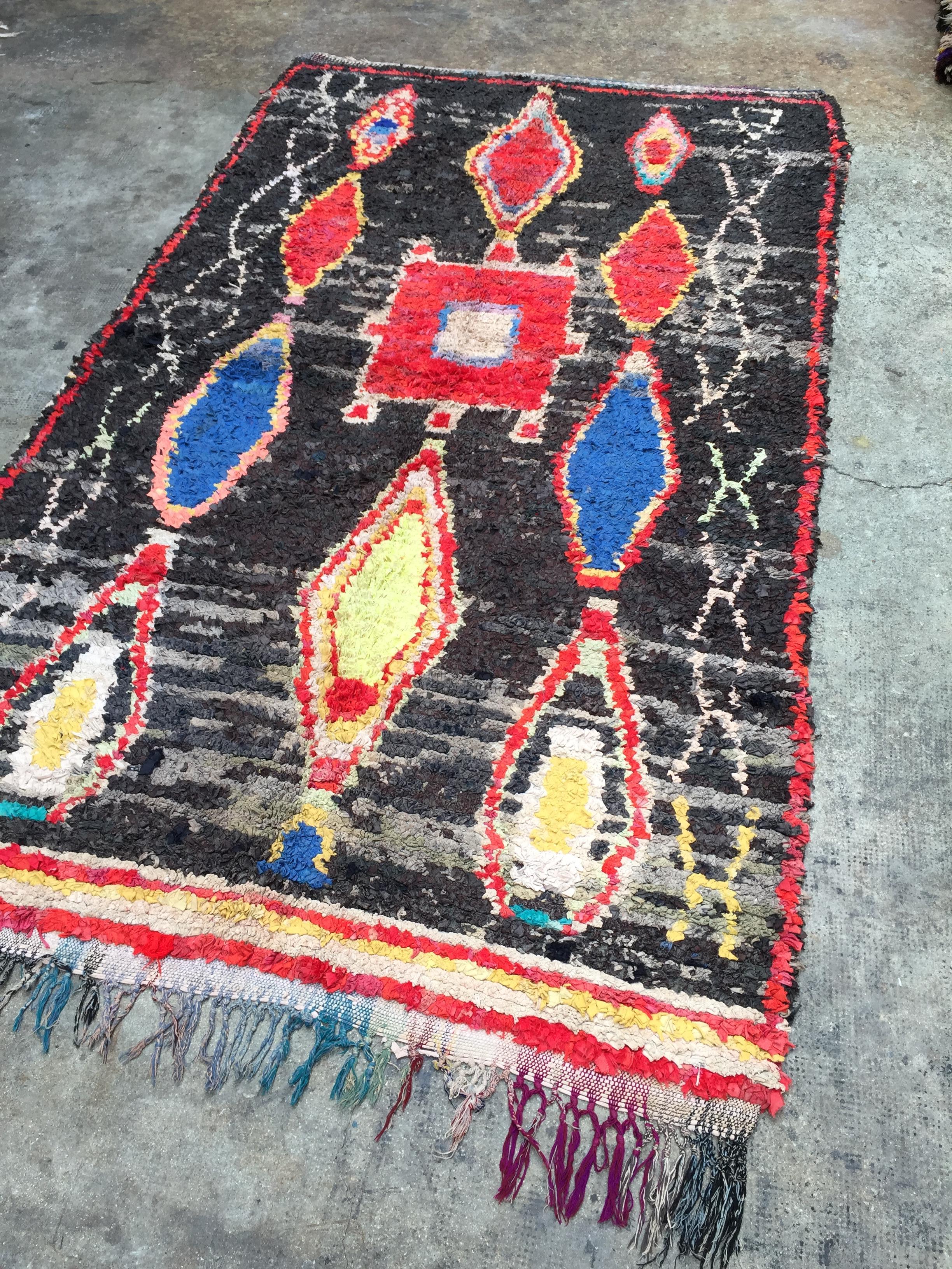 Tribal Moroccan Boucherouite Rug, Hand-Knotted Fabrics, 1980s