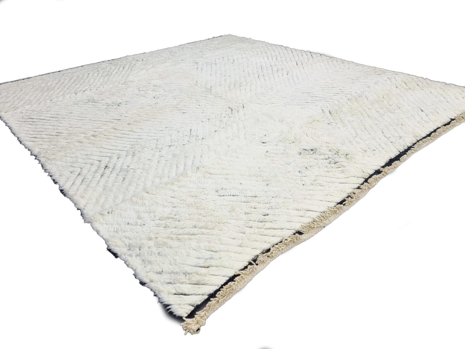 Contemporary Moroccan Boujaad Black and White Striped Rug For Sale