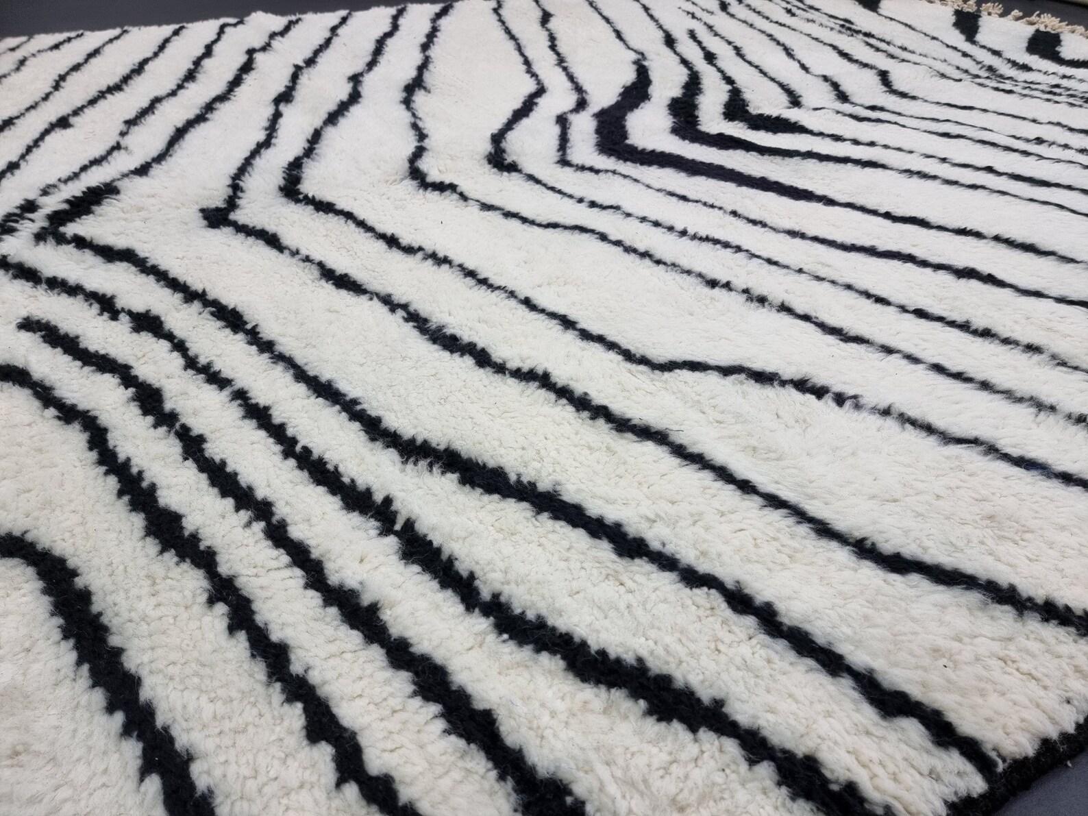 Hand-Woven Moroccan Boujaad Rug in Black and White Stripes For Sale