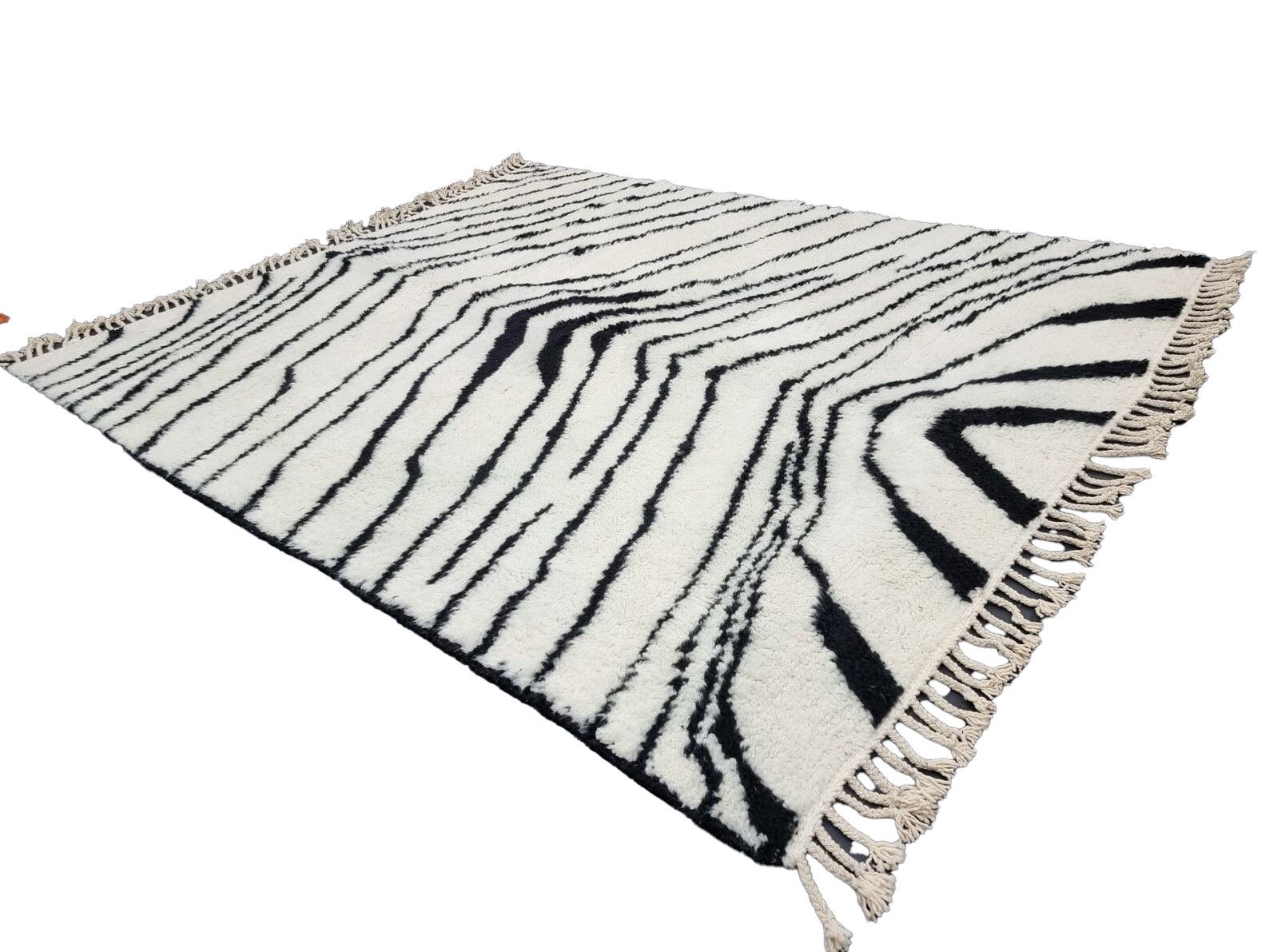Contemporary Moroccan Boujaad Rug in Black and White Stripes For Sale