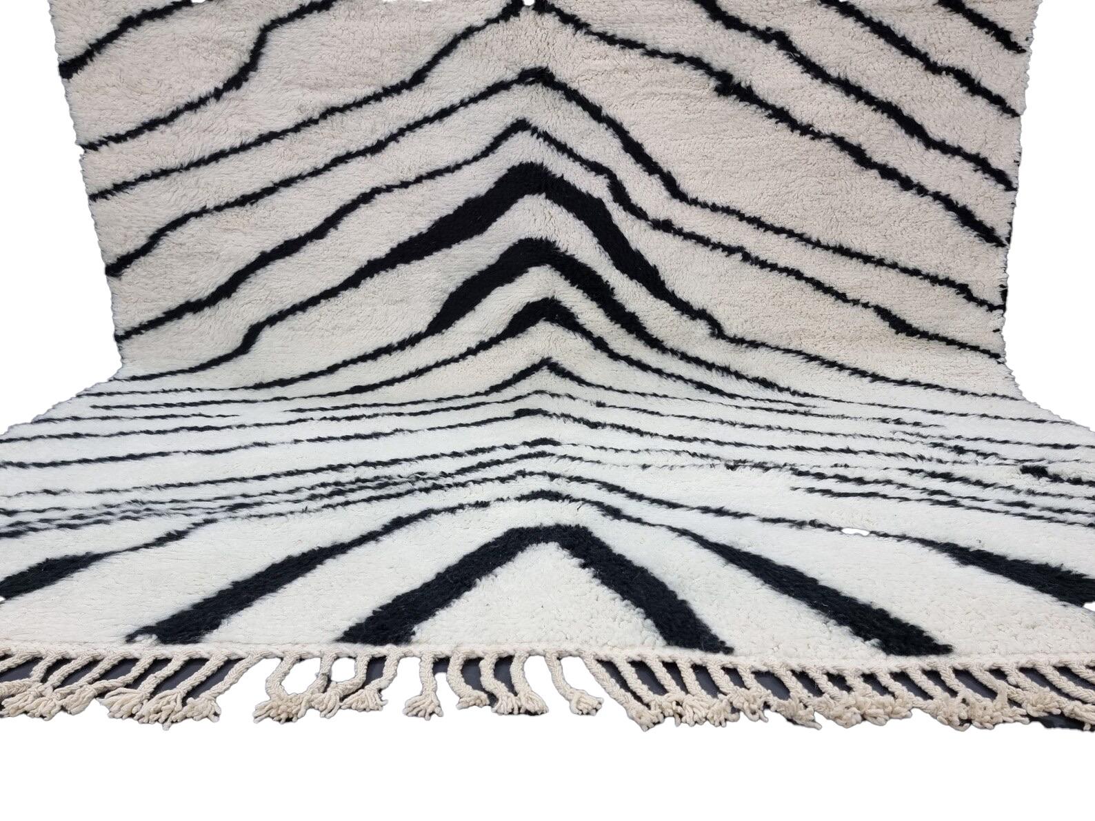 Wool Moroccan Boujaad Rug in Black and White Stripes For Sale