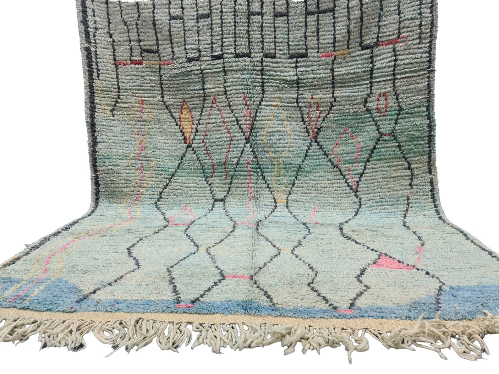 Hand-Woven Moroccan Boujaad Rug in Faded Blue with Abstract Patterns For Sale