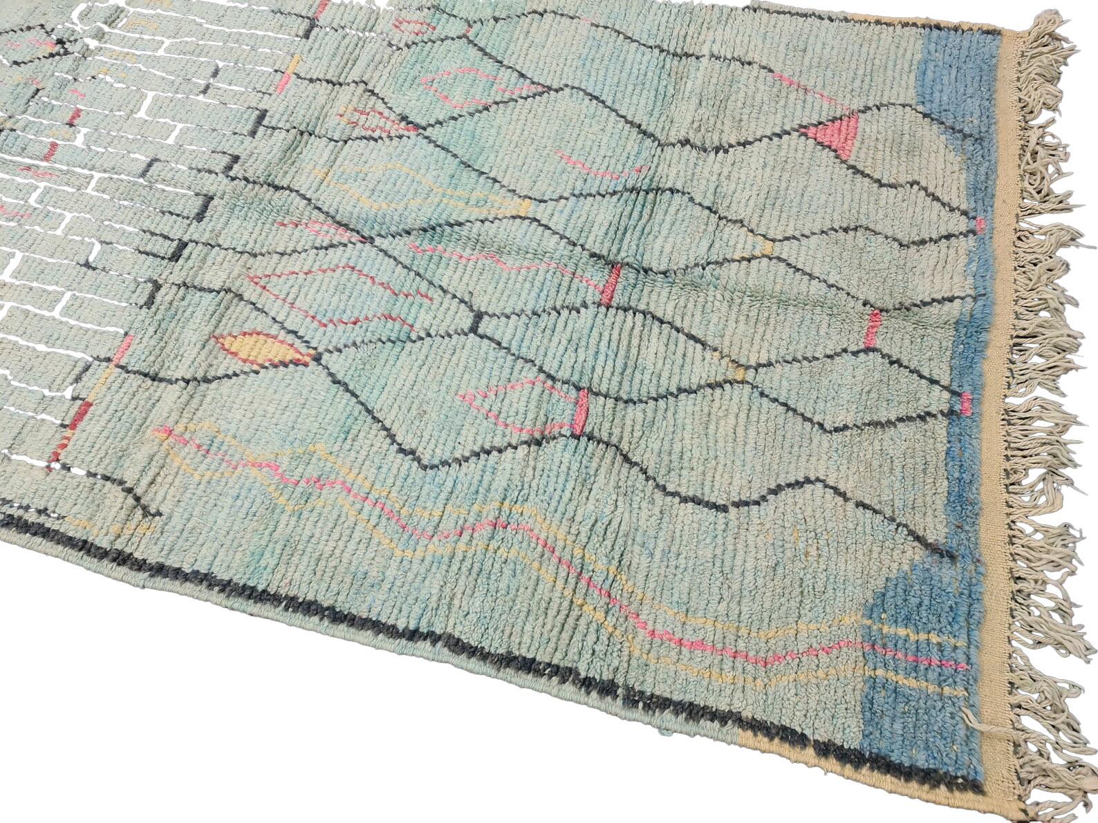 Contemporary Moroccan Boujaad Rug in Faded Blue with Abstract Patterns For Sale