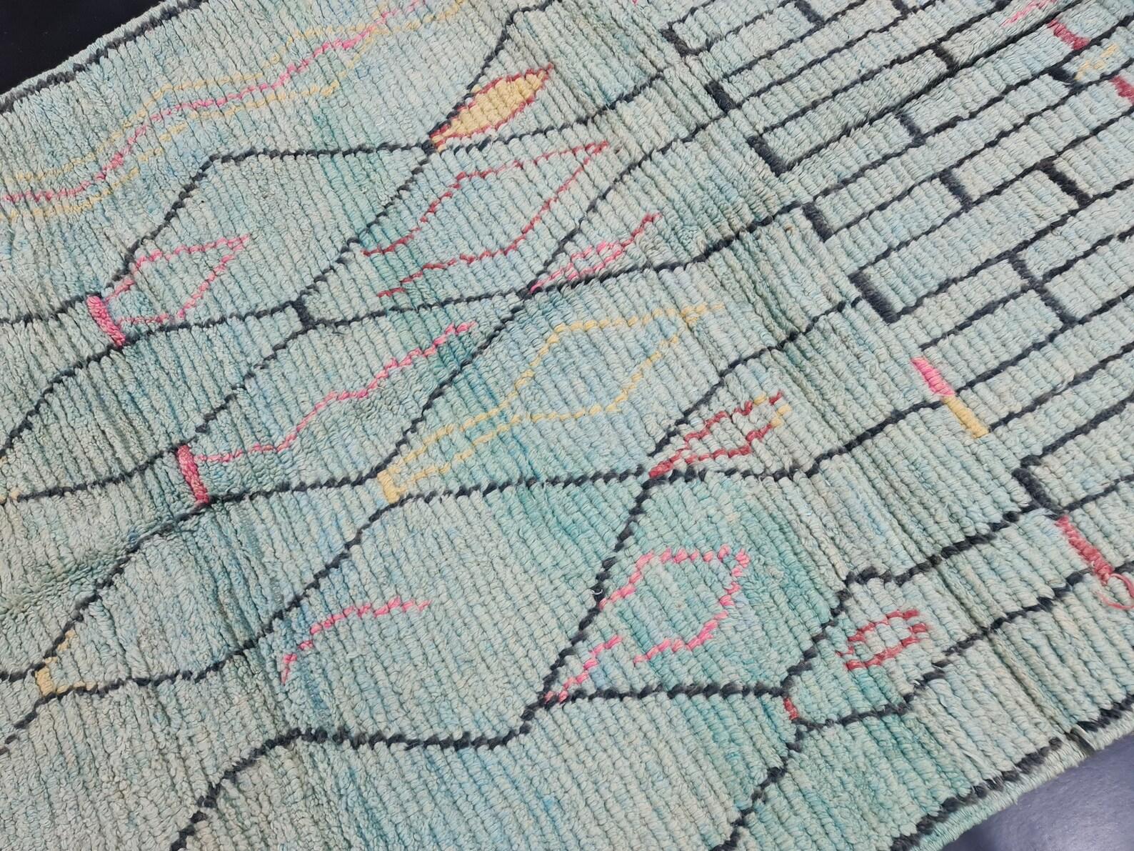 Wool Moroccan Boujaad Rug in Faded Blue with Abstract Patterns For Sale