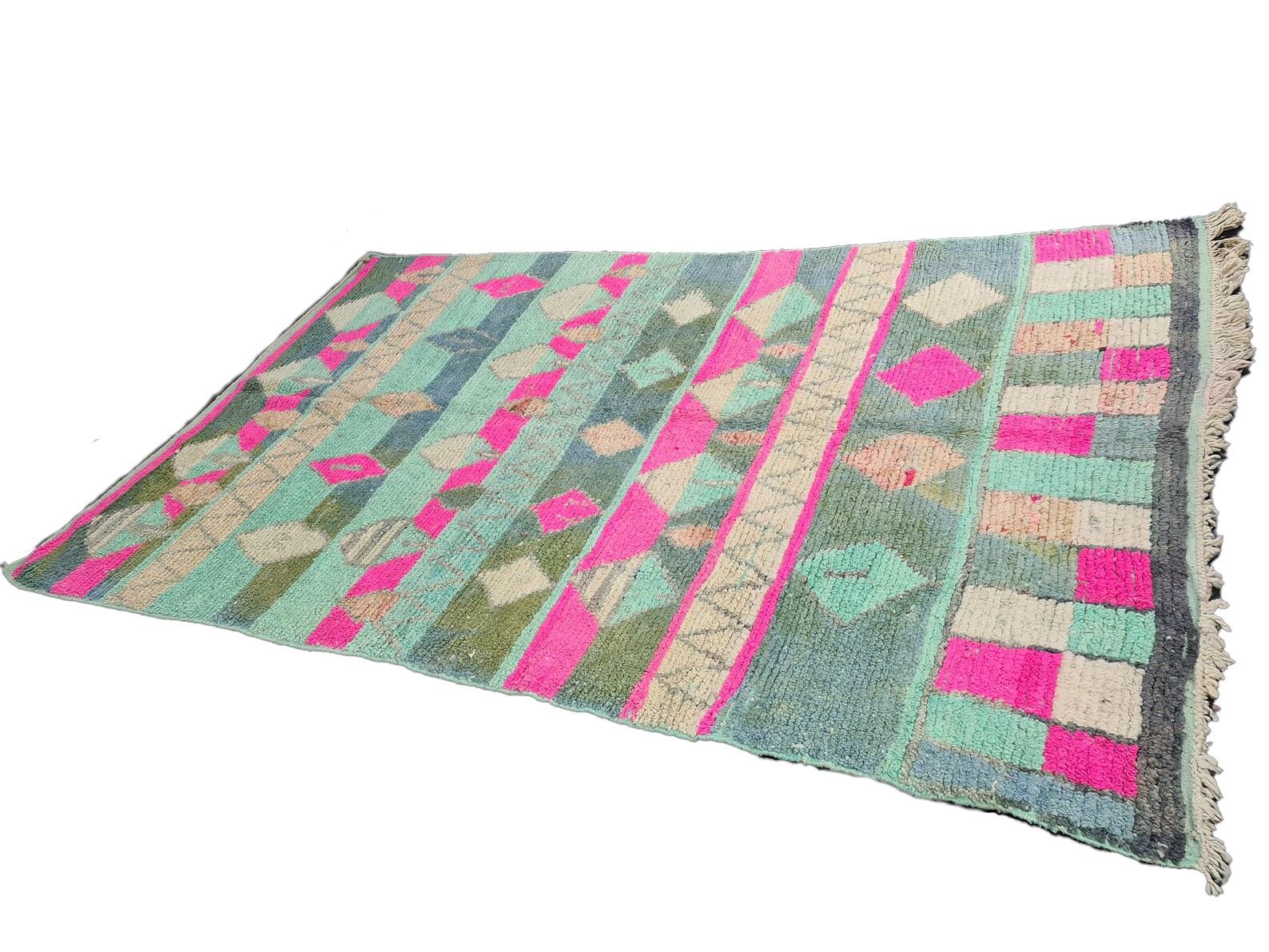 Hand-Woven Moroccan Boujaad Rug in Green Geometric Patterns For Sale