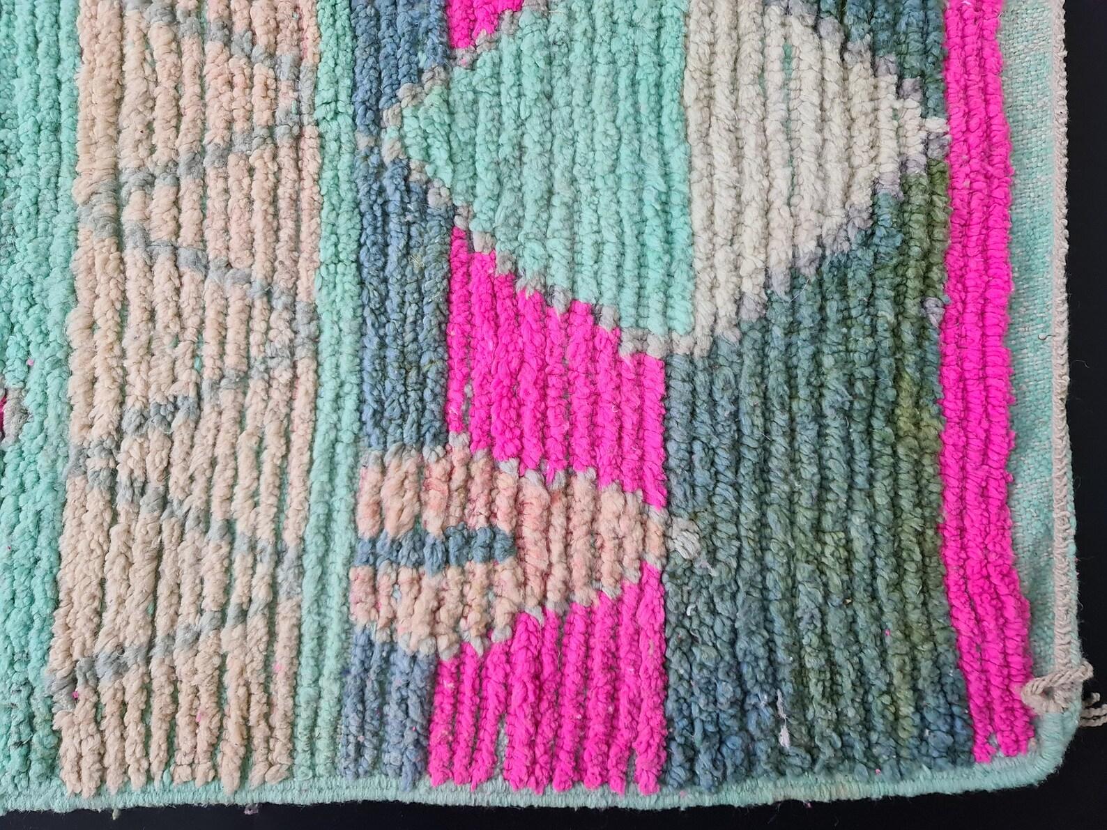 Wool Moroccan Boujaad Rug in Green Geometric Patterns For Sale