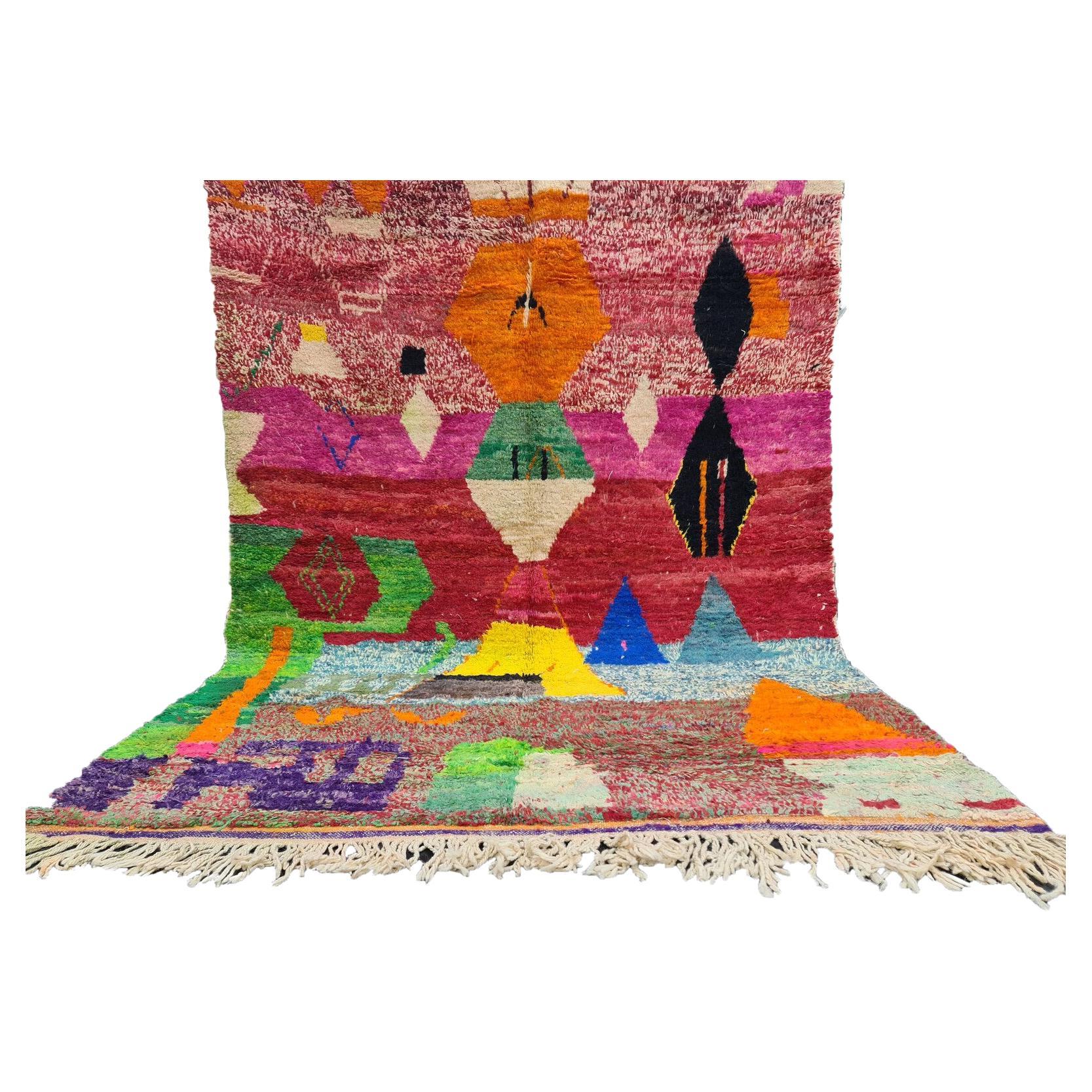 Moroccan Boujaad rug handwoven out of natural and soft sheep wool featuring bright red, pinks, mauve, orange, red, blue, and green along with irregular geometric patterns blending Arabic and Berber cultures in Morocco. The colors are made from the