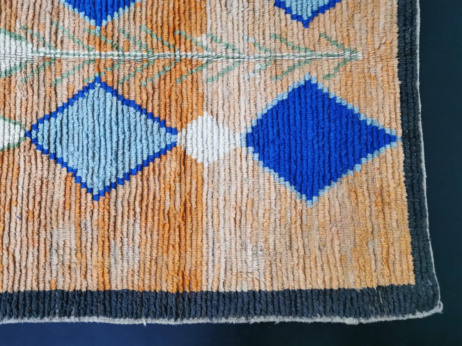 Moroccan Boujaad Rug in Orange with Blue Geometric Patterns For Sale 4