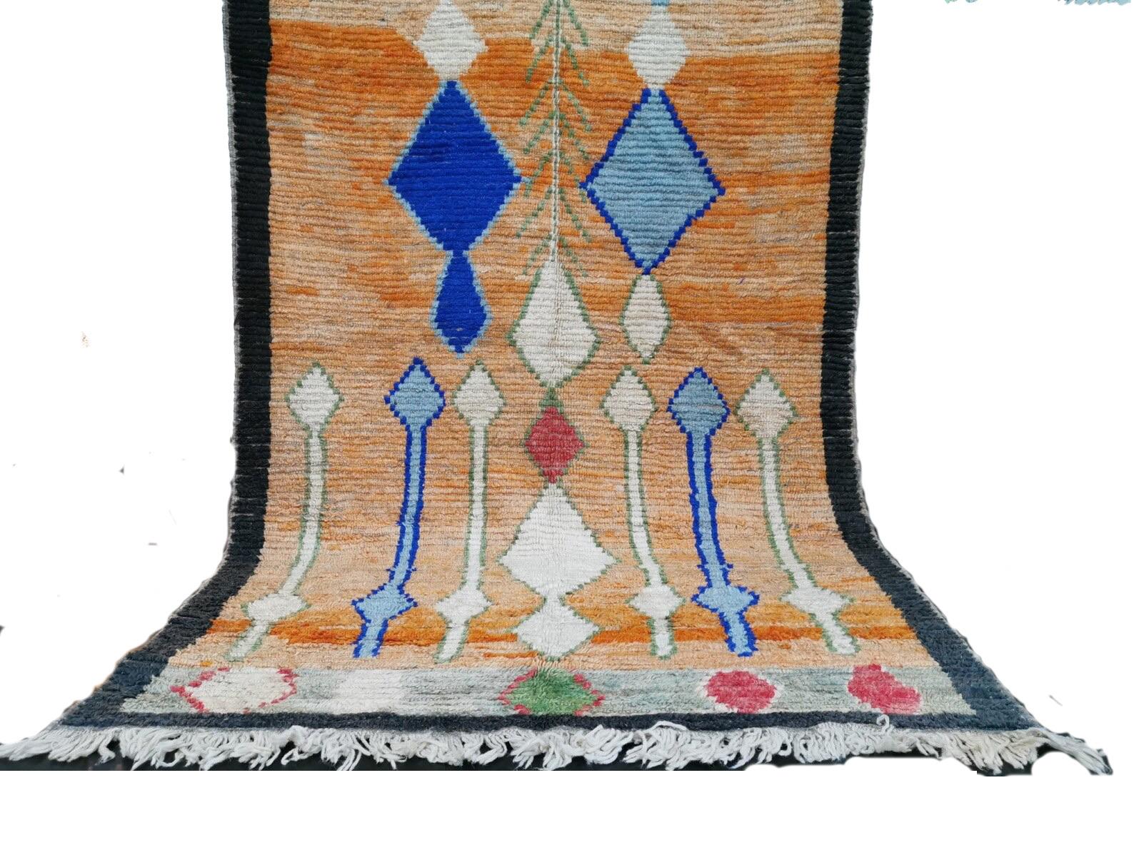 Hand-Woven Moroccan Boujaad Rug in Orange with Blue Geometric Patterns For Sale