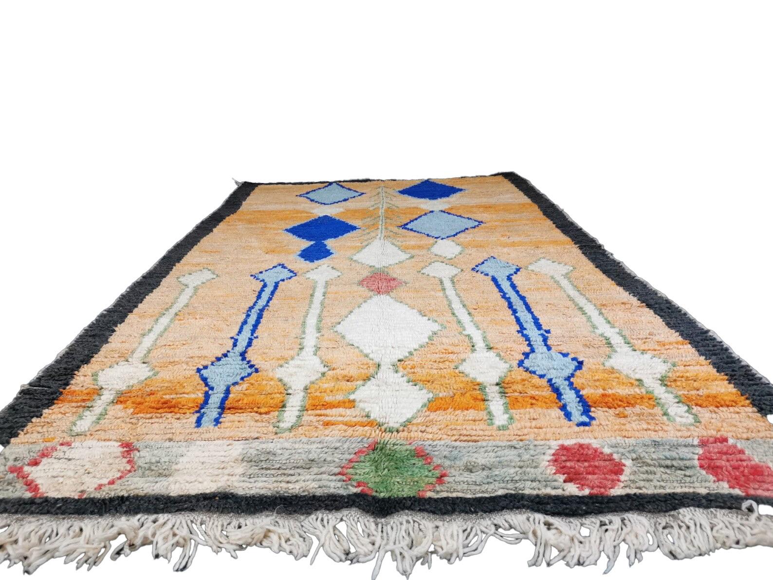 Moroccan Boujaad Rug in Orange with Blue Geometric Patterns In Excellent Condition For Sale In Los Angeles, CA