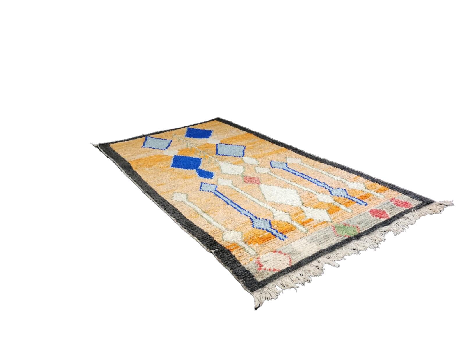 Contemporary Moroccan Boujaad Rug in Orange with Blue Geometric Patterns For Sale