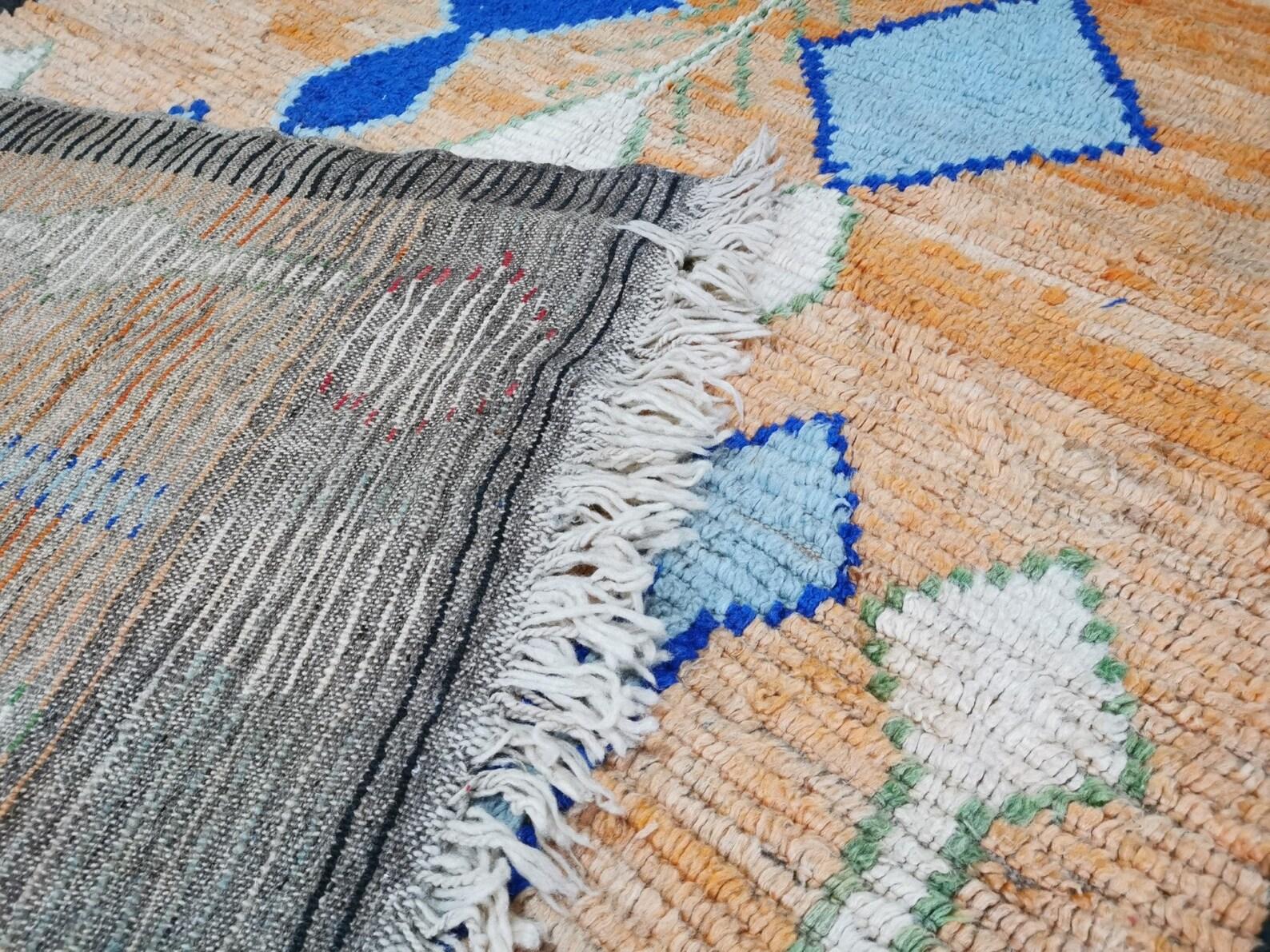 Wool Moroccan Boujaad Rug in Orange with Blue Geometric Patterns For Sale