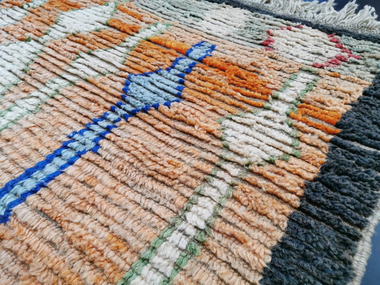Moroccan Boujaad Rug in Orange with Blue Geometric Patterns For Sale 1