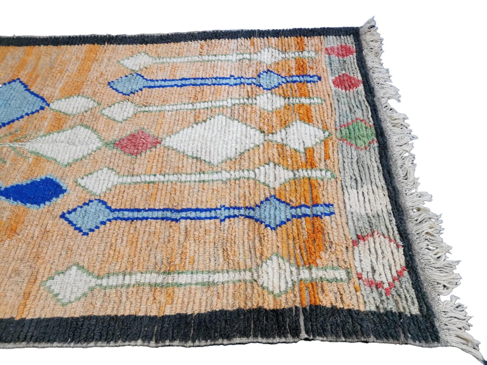 Moroccan Boujaad Rug in Orange with Blue Geometric Patterns For Sale 2