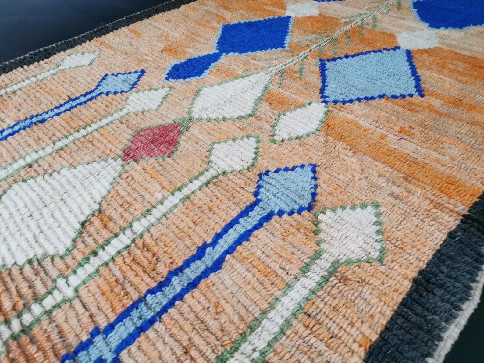 Moroccan Boujaad Rug in Orange with Blue Geometric Patterns For Sale 3