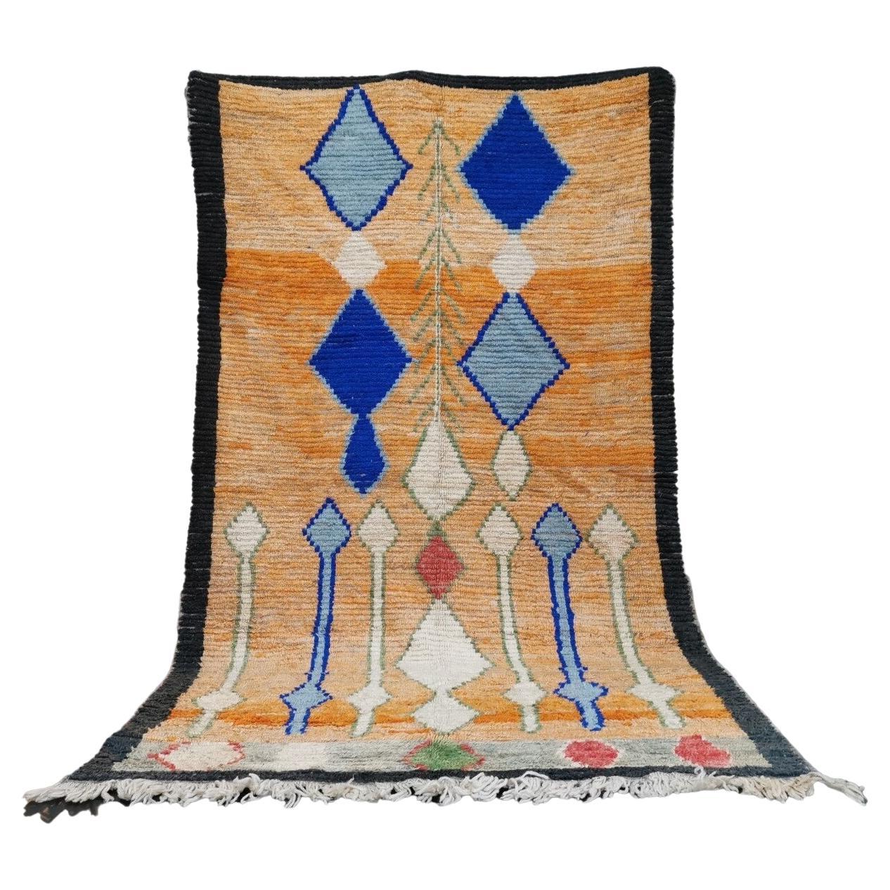 Moroccan Boujaad Rug in Orange with Blue Geometric Patterns