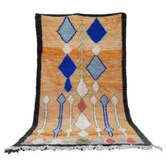 Moroccan Boujaad Rug in Orange with Blue Geometric Patterns