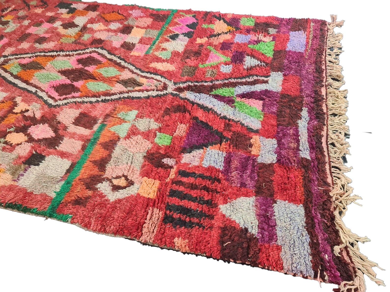 Moroccan Boujaad Rug in Red and Multi-colored Abstract Patterns For Sale 1