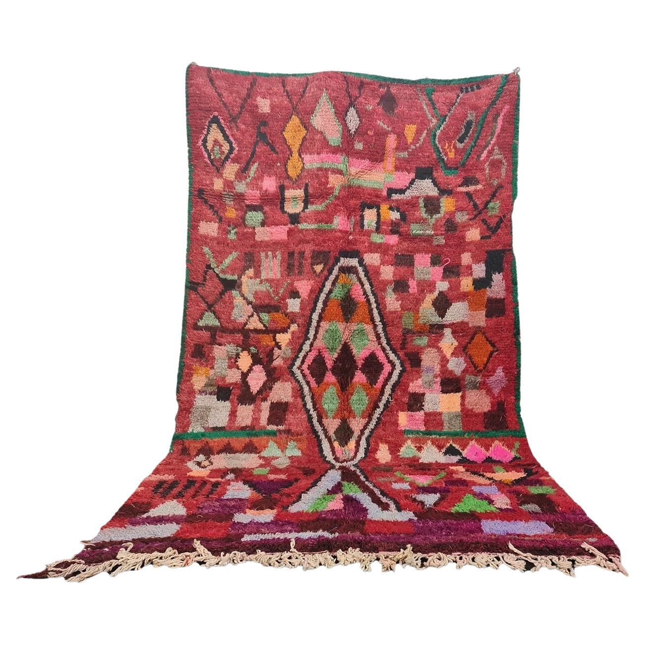 Moroccan Boujaad Rug in Red and Multi-colored Abstract Patterns