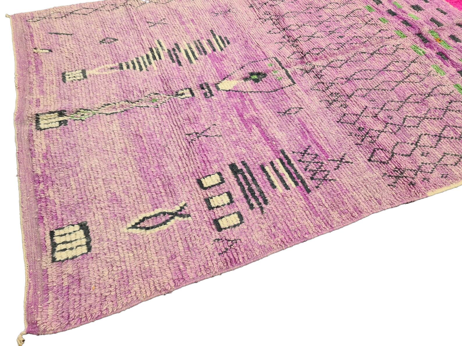 Moroccan Boujaad Rug in Red, Purple, and Black Geometric Patterns For Sale 3