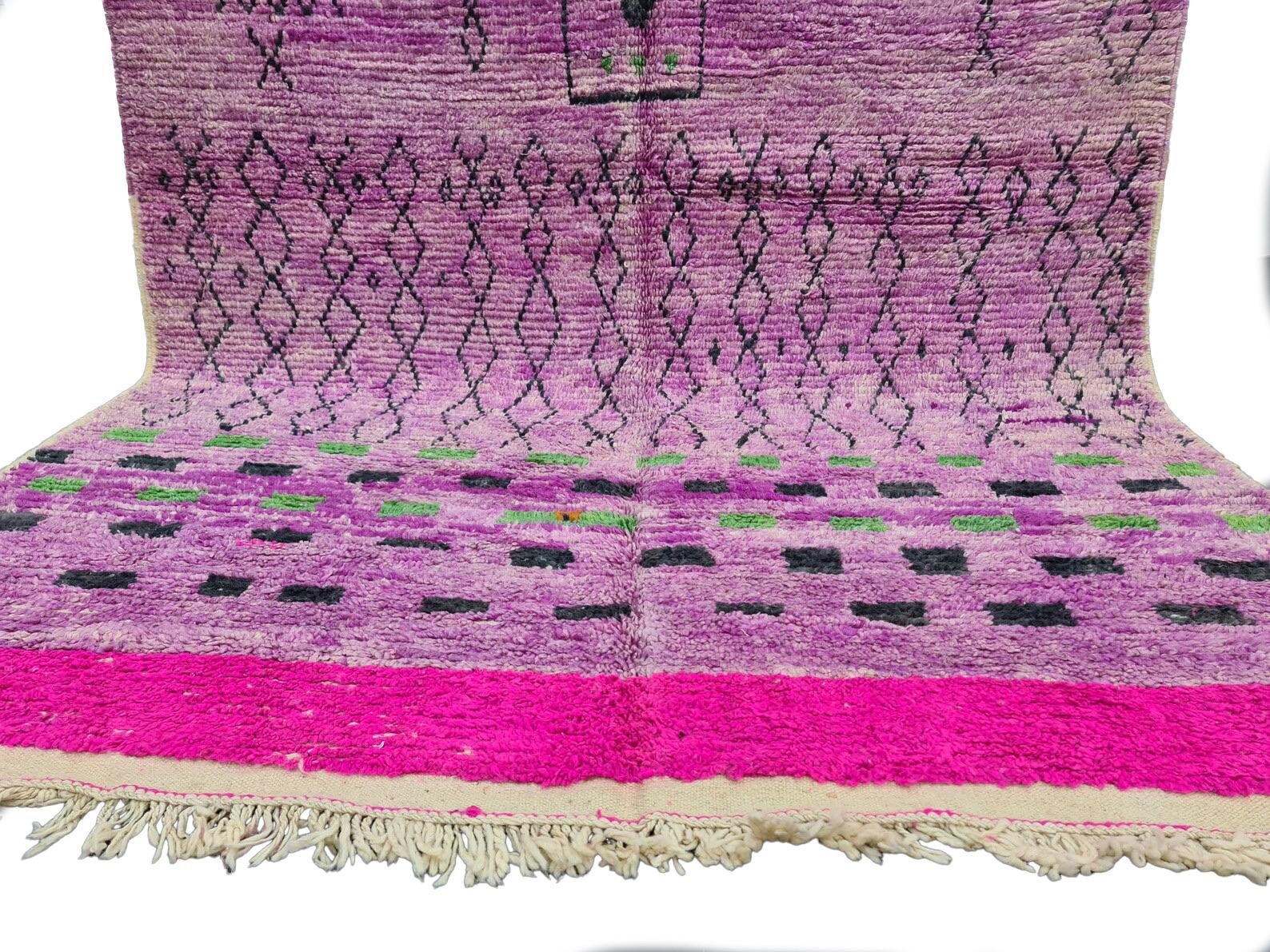 Hand-Woven Moroccan Boujaad Rug in Red, Purple, and Black Geometric Patterns For Sale