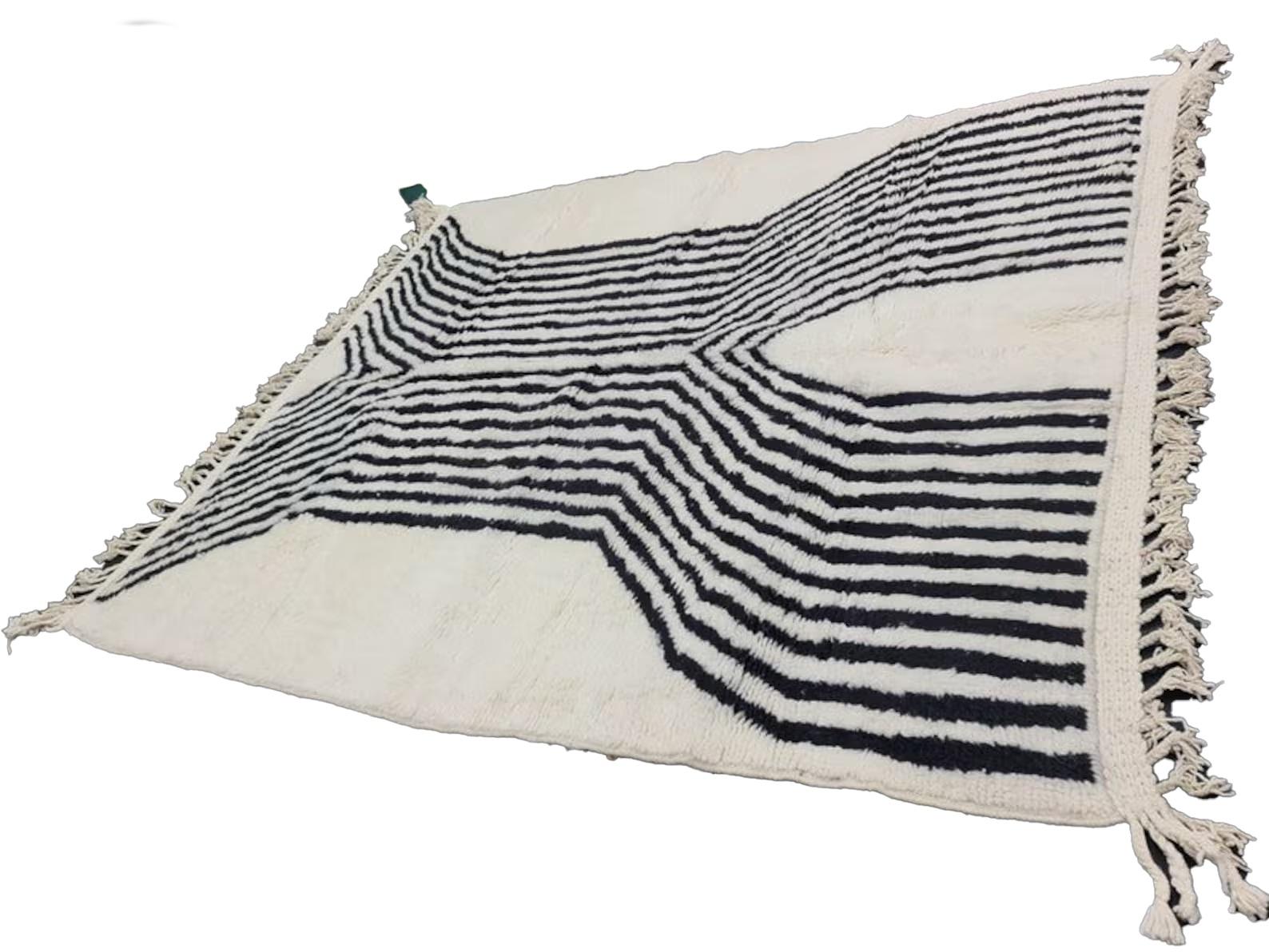 Modern Moroccan Boujaad Rug in White with Directional Black Stripes For Sale