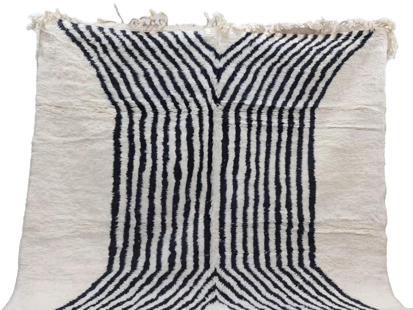 Hand-Woven Moroccan Boujaad Rug in White with Directional Black Stripes For Sale