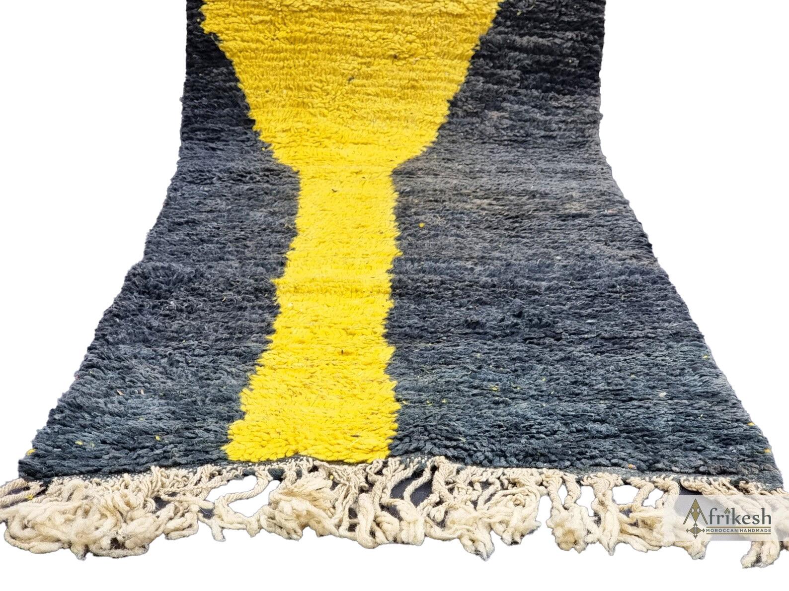 Contemporary Moroccan Boujaad Runner in Abstract Black and Yellow For Sale