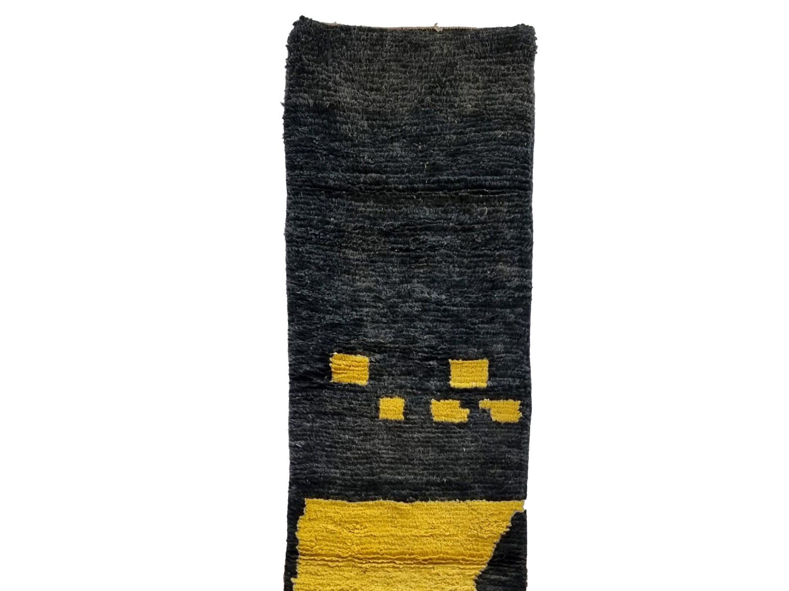 Wool Moroccan Boujaad Runner in Abstract Black and Yellow For Sale