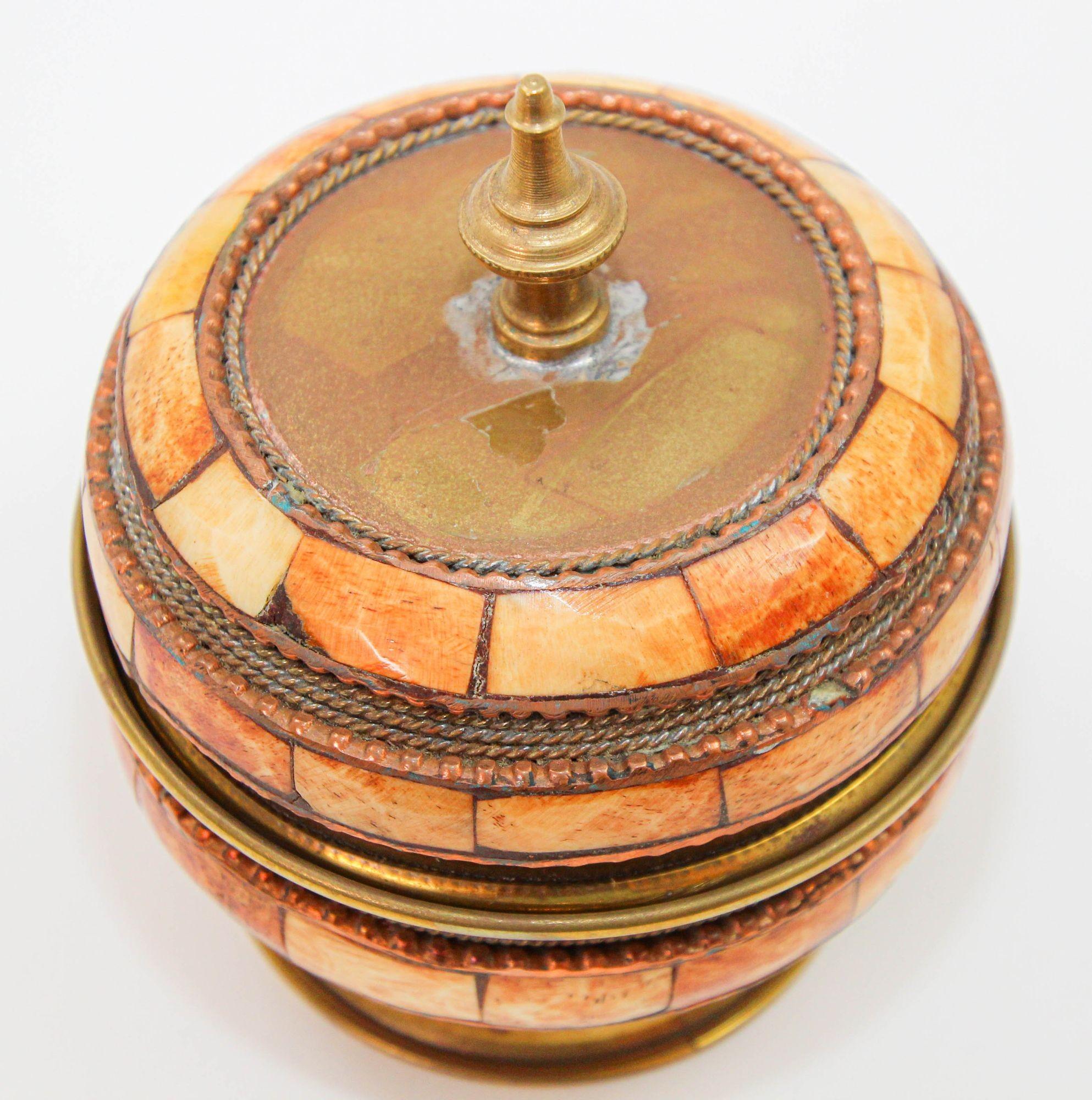 Moorish Moroccan Brass and Bone Overlay Box with Lid 1950s For Sale