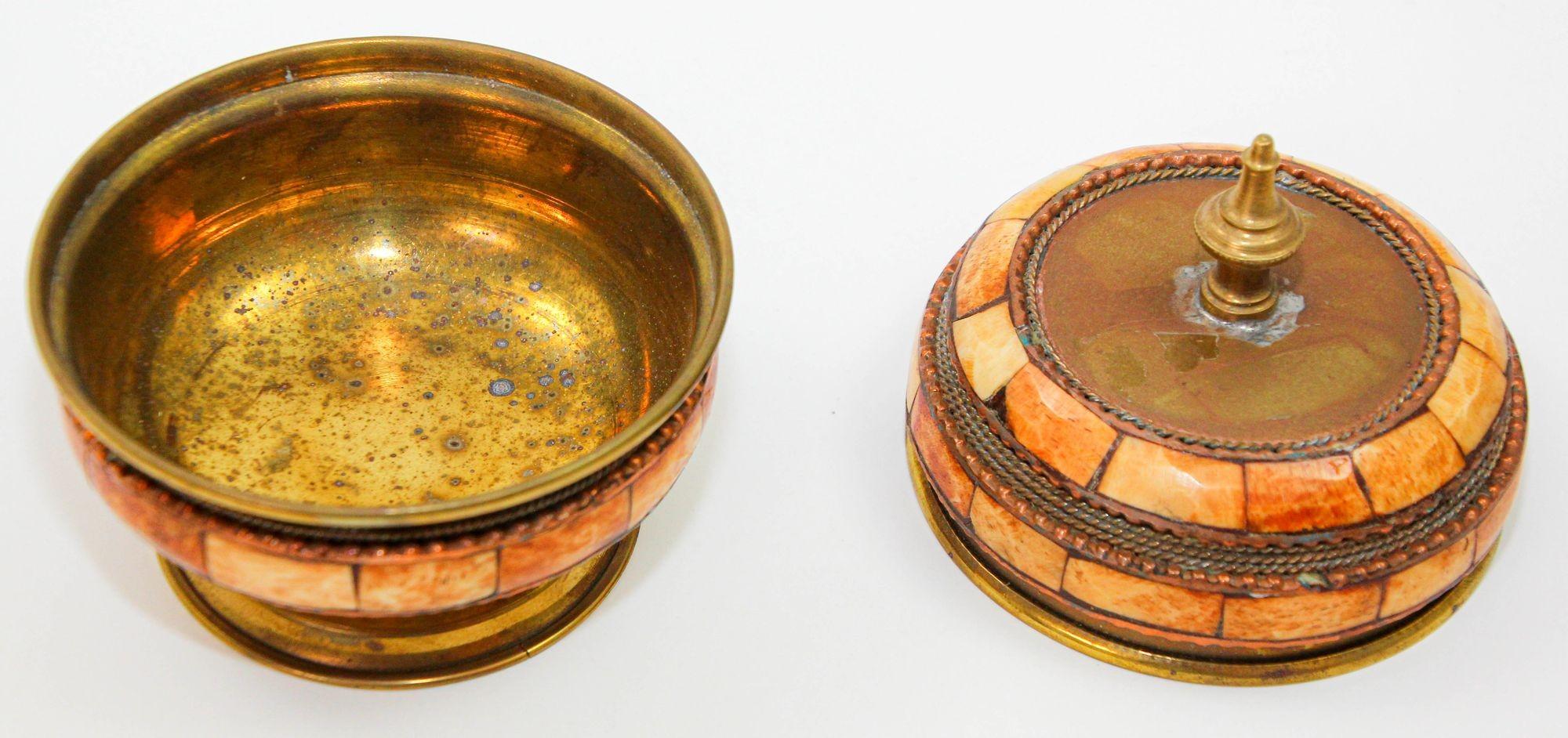 Carved Moroccan Brass and Bone Overlay Box with Lid 1950s For Sale