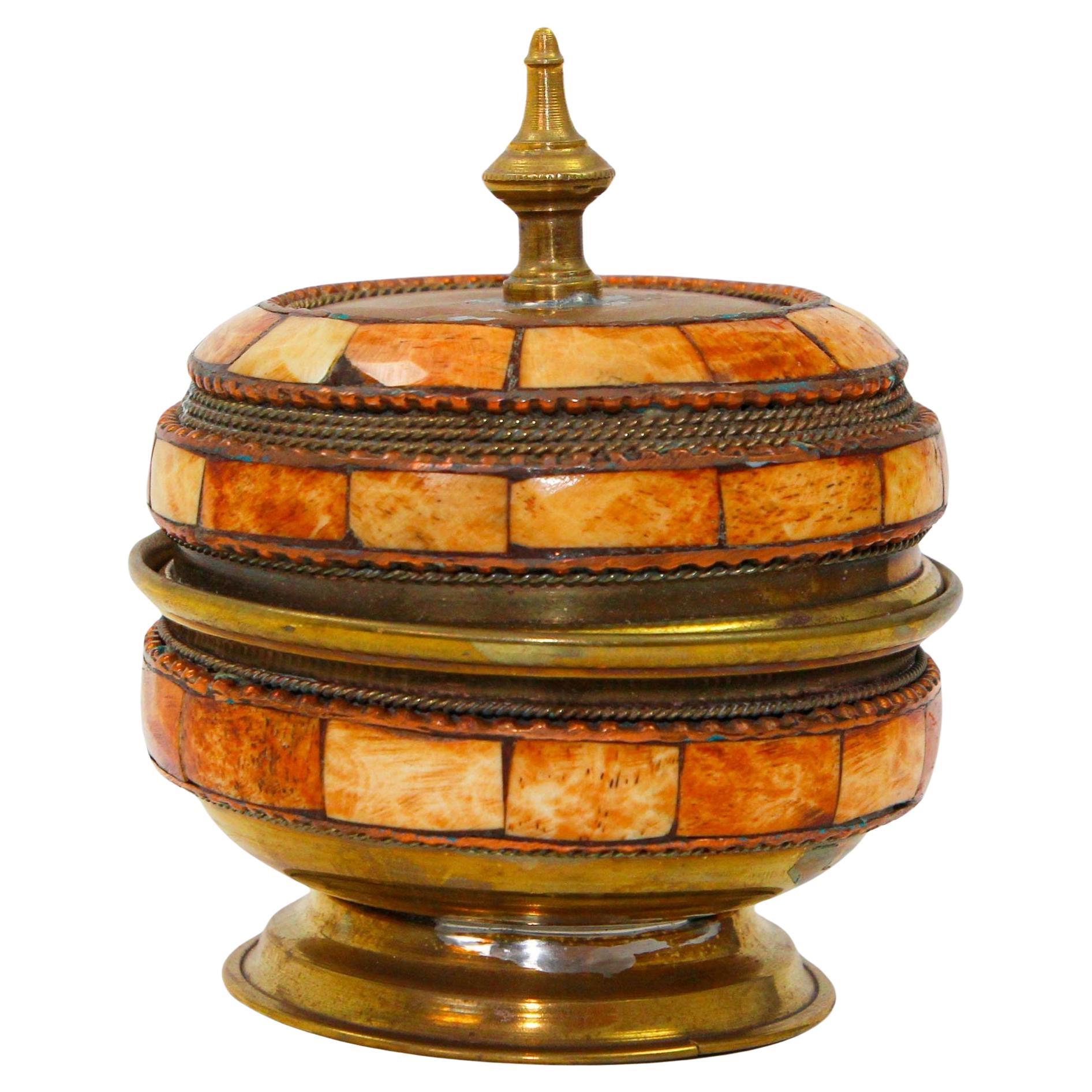 Moroccan Brass and Bone Overlay Box with Lid 1950s For Sale