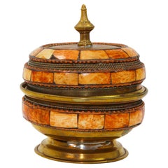 Antique Moroccan Brass and Bone Overlay Box with Lid 1950s