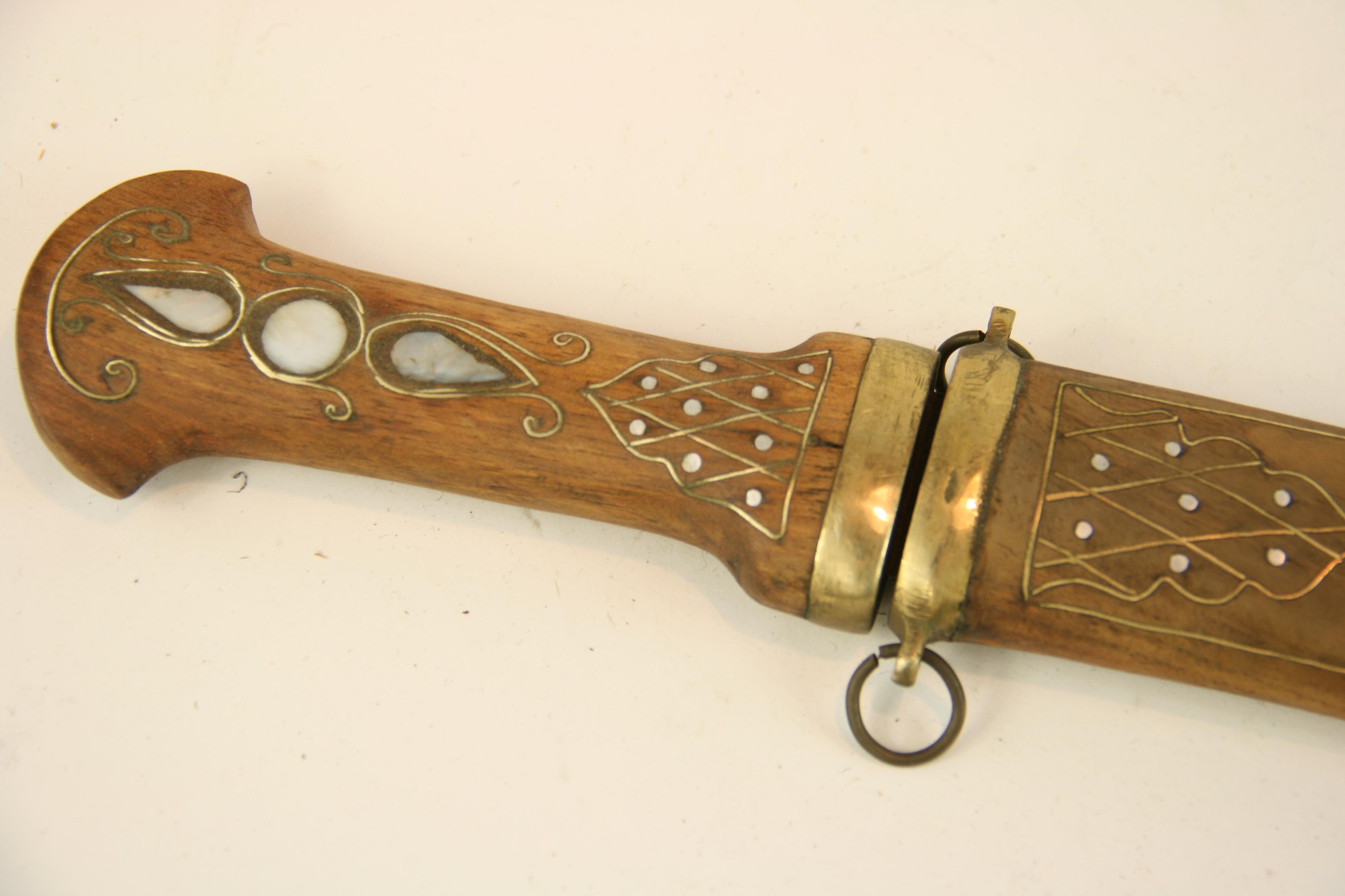 Moroccan Brass and Mother of Pearl Dagger In Good Condition For Sale In Douglas Manor, NY