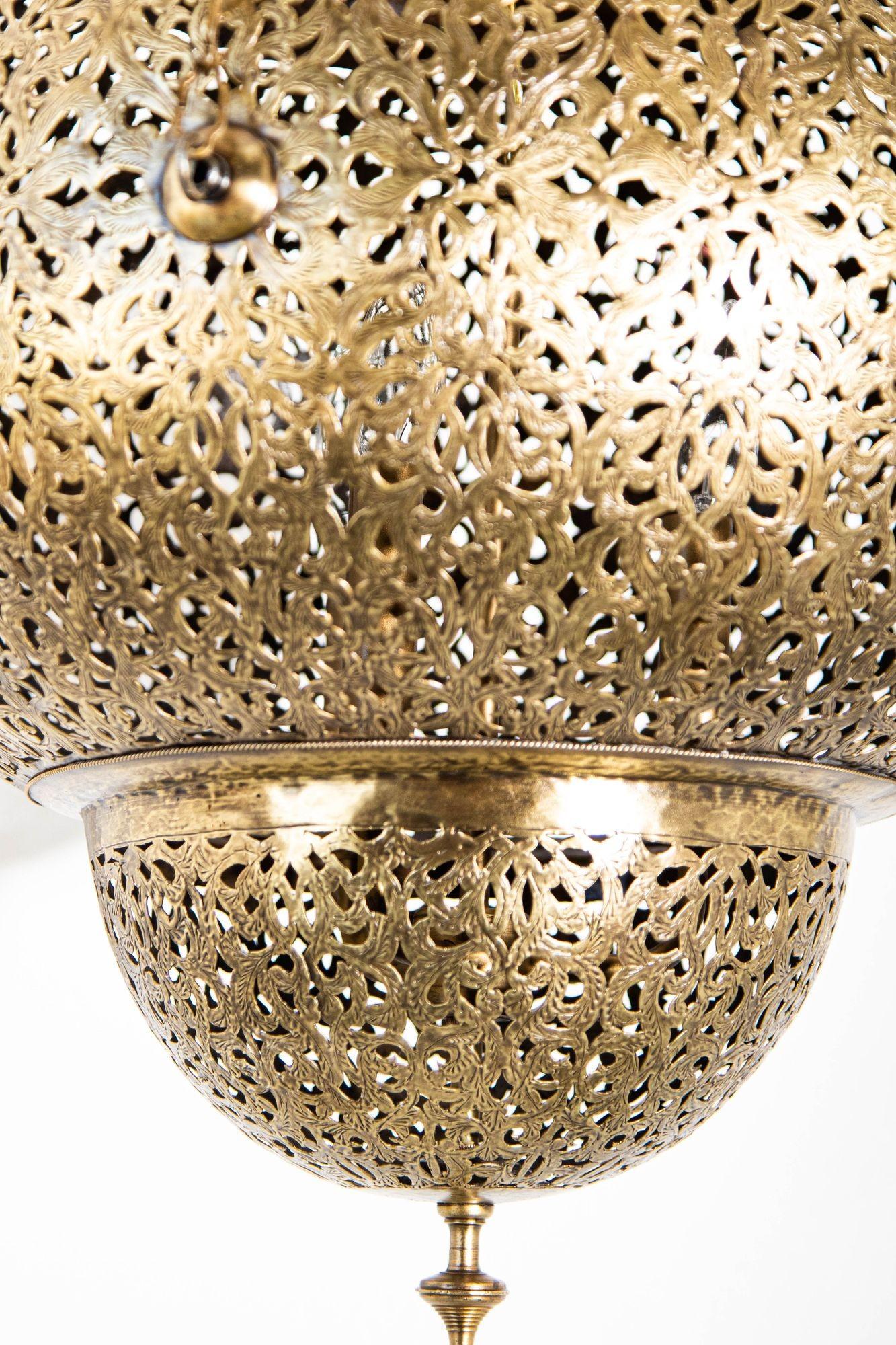 Hand-Carved Moroccan Brass Chandelier Pendant Light Fixture Granada Moorish Style