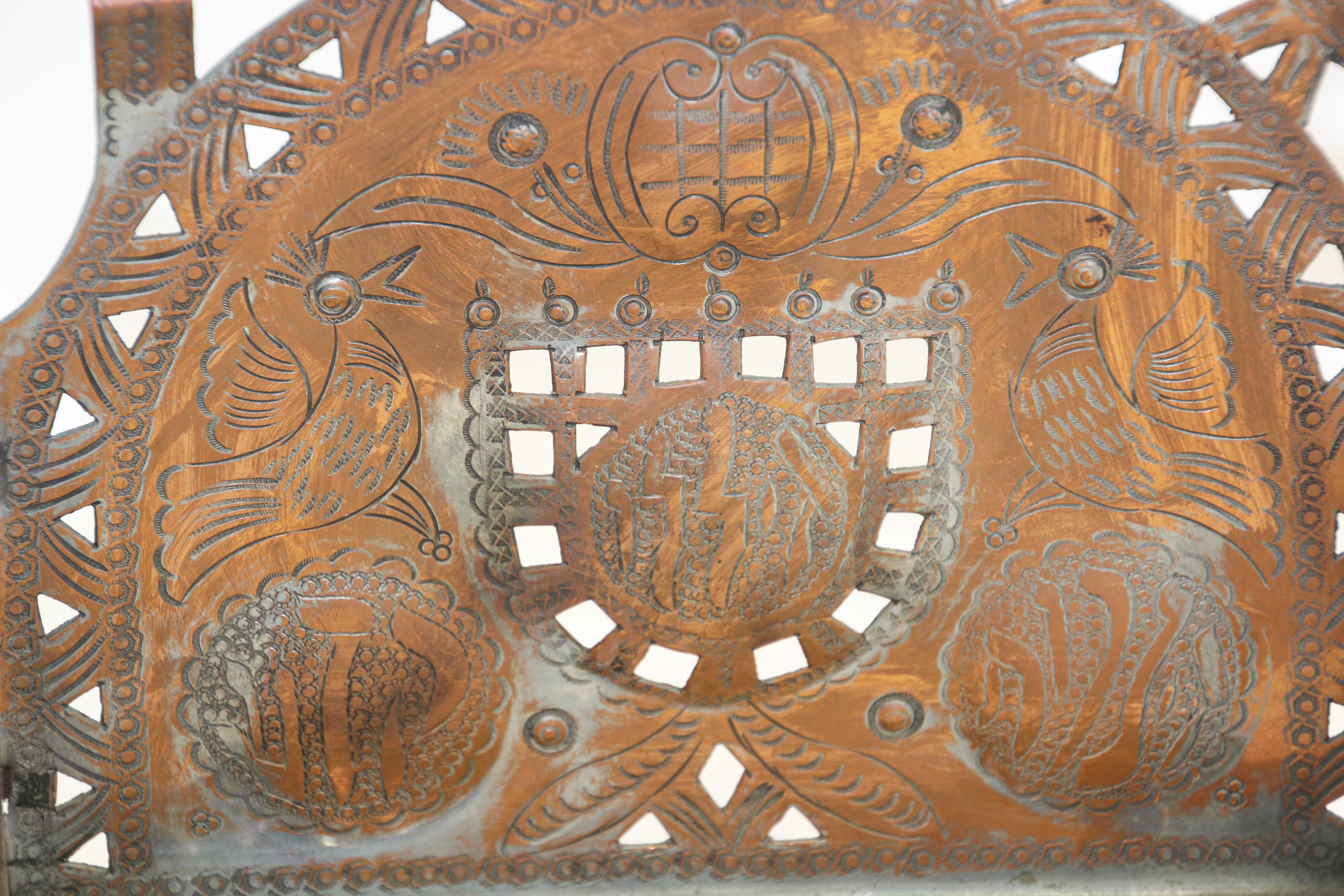Hand-Carved Moroccan Copper Hanukkah Lamp Judaica Menorah For Sale