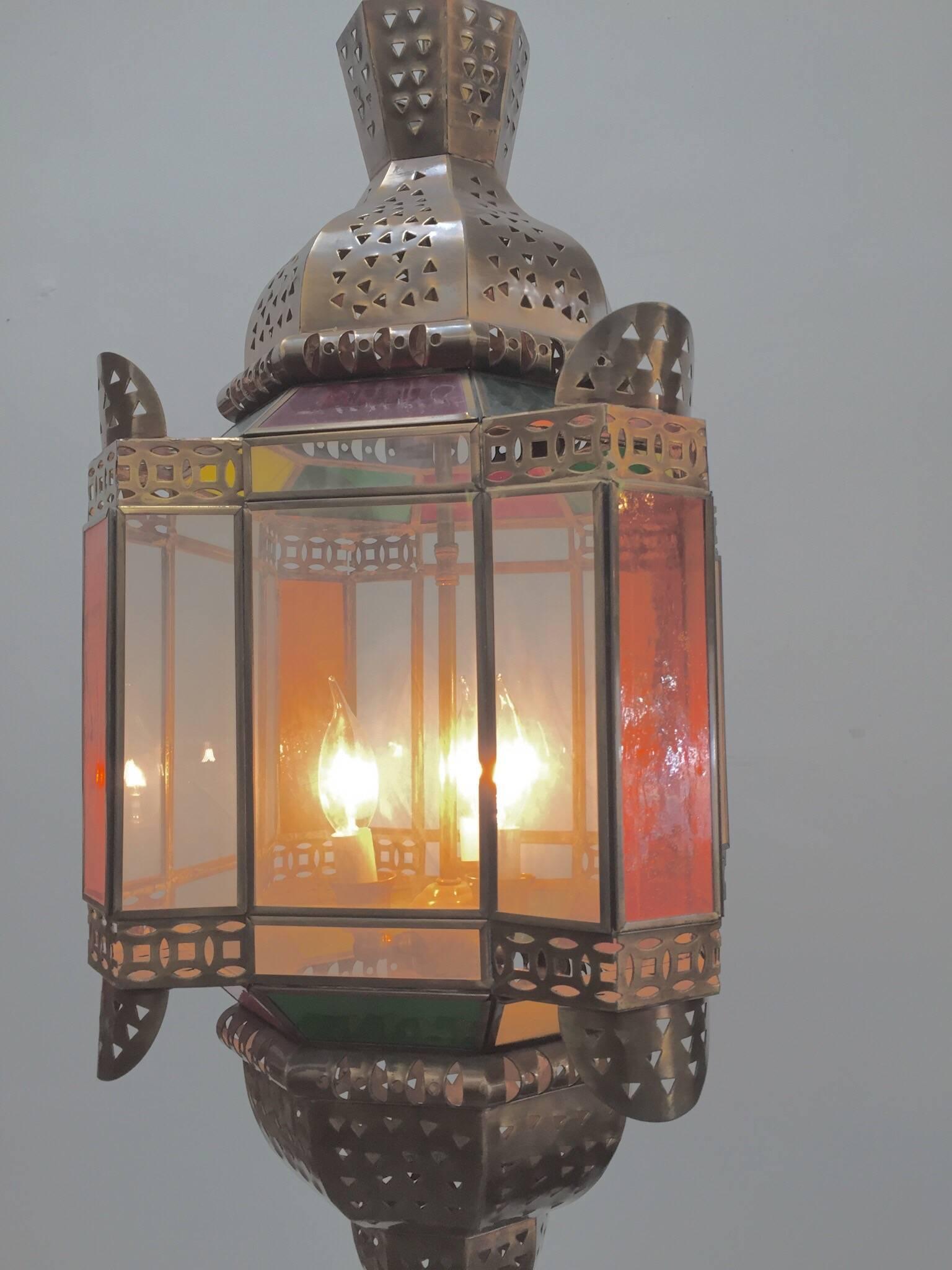 Moroccan Brass Light Fixture with Amber Colored Stained Glass For Sale 1