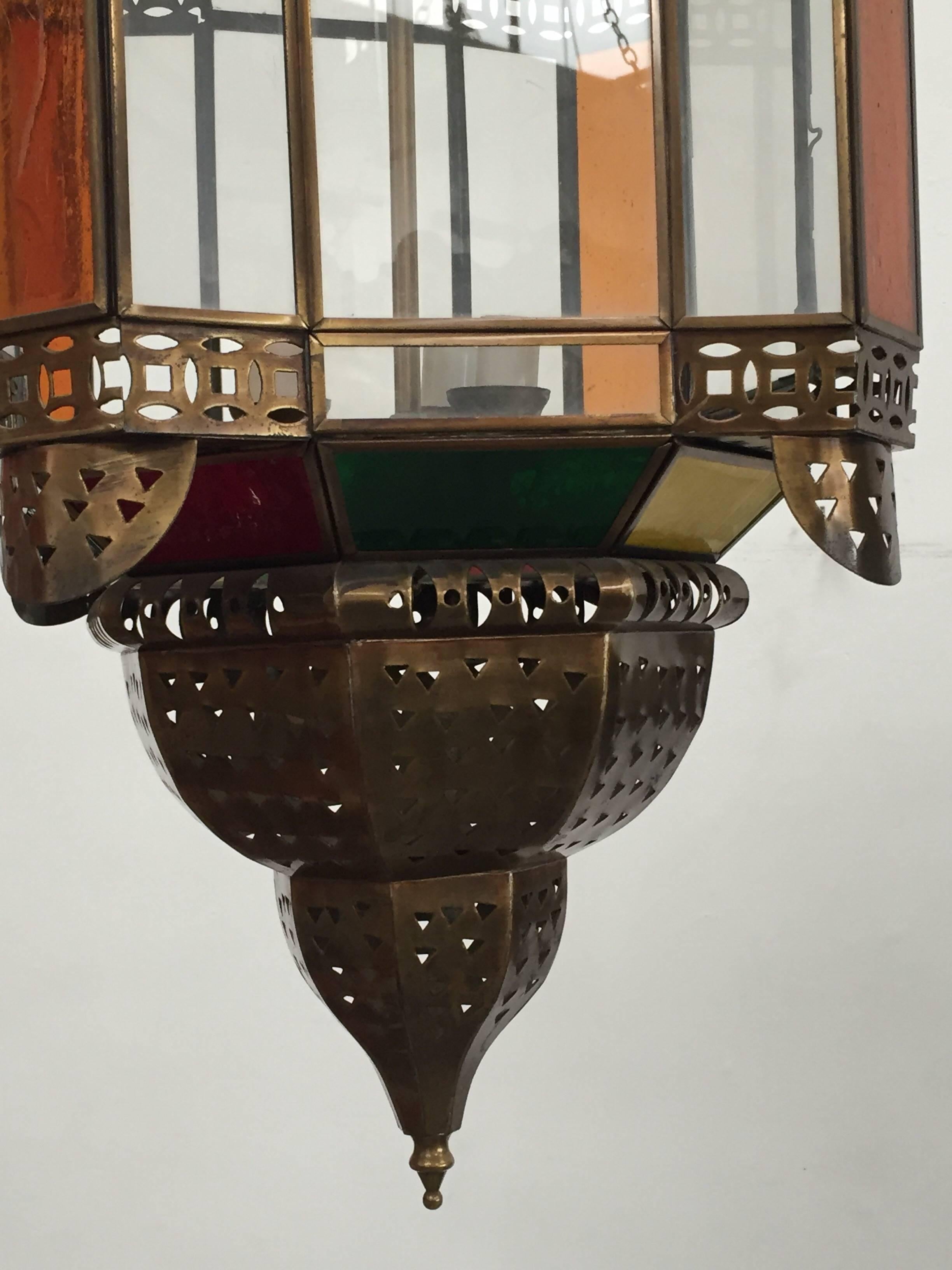Moorish Moroccan Brass Light Fixture with Amber Colored Stained Glass For Sale