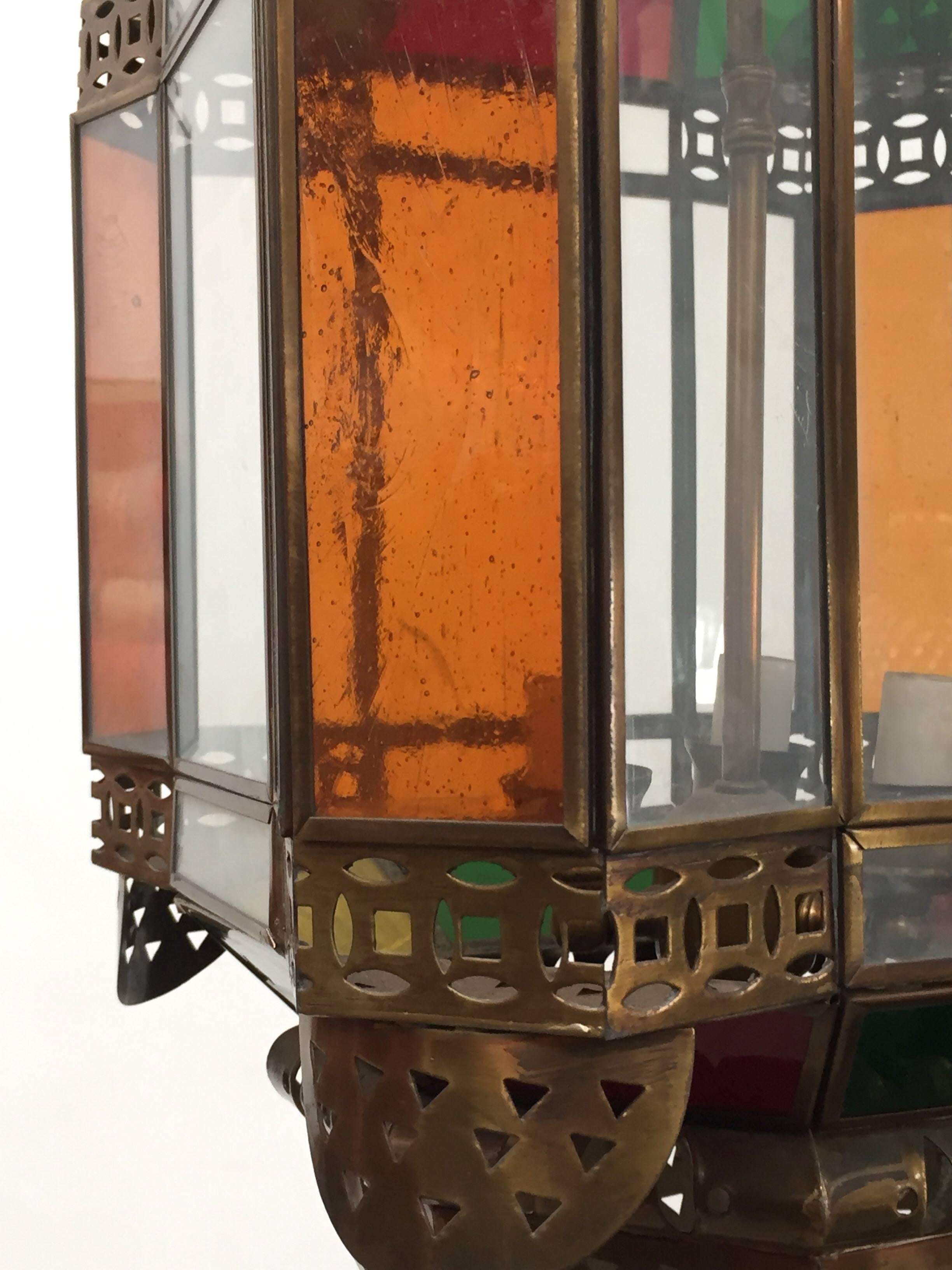 Hand-Crafted Moroccan Brass Light Fixture with Amber Colored Stained Glass For Sale