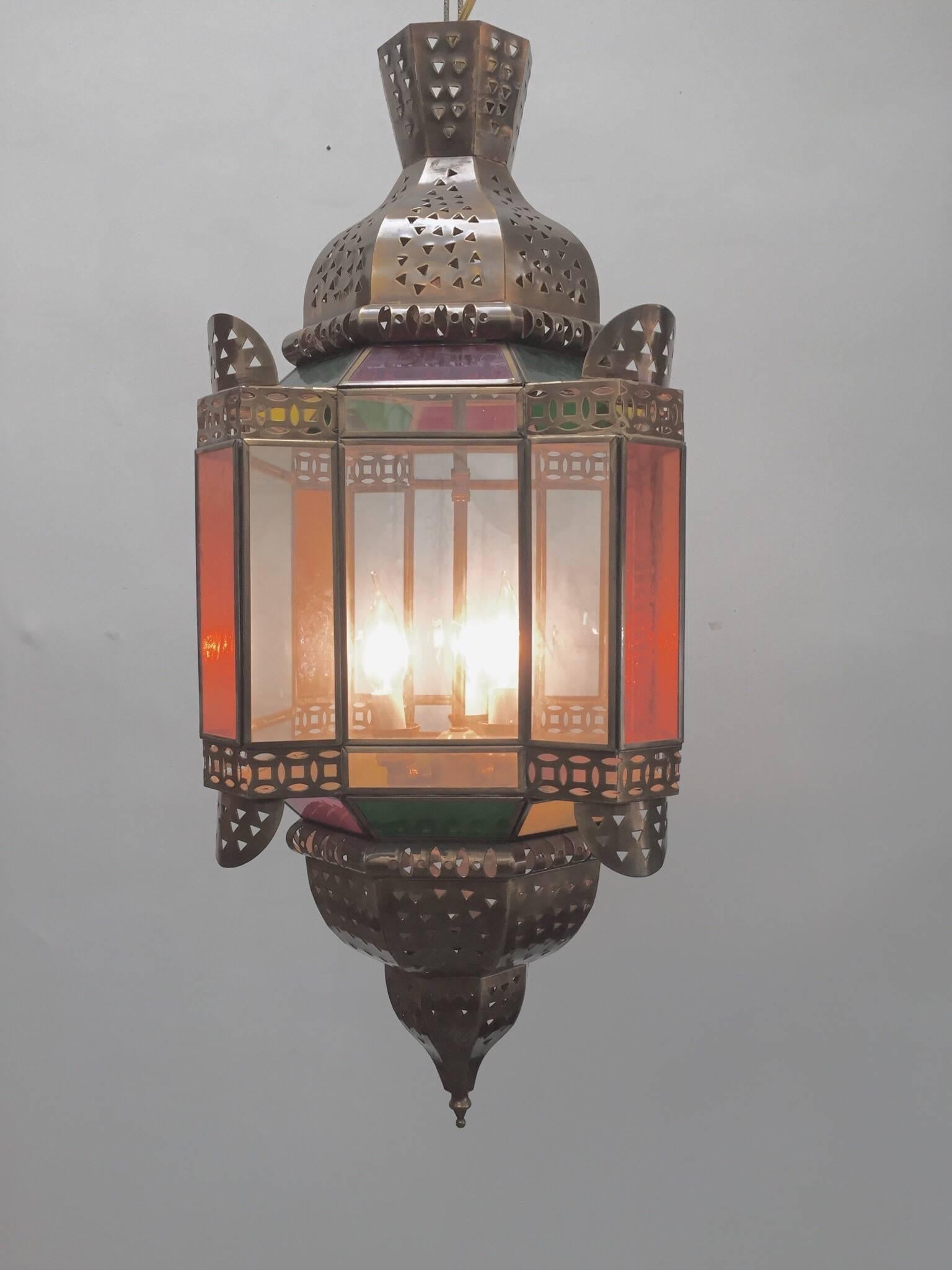 Moroccan Brass Light Fixture with Amber Colored Stained Glass In Excellent Condition For Sale In North Hollywood, CA