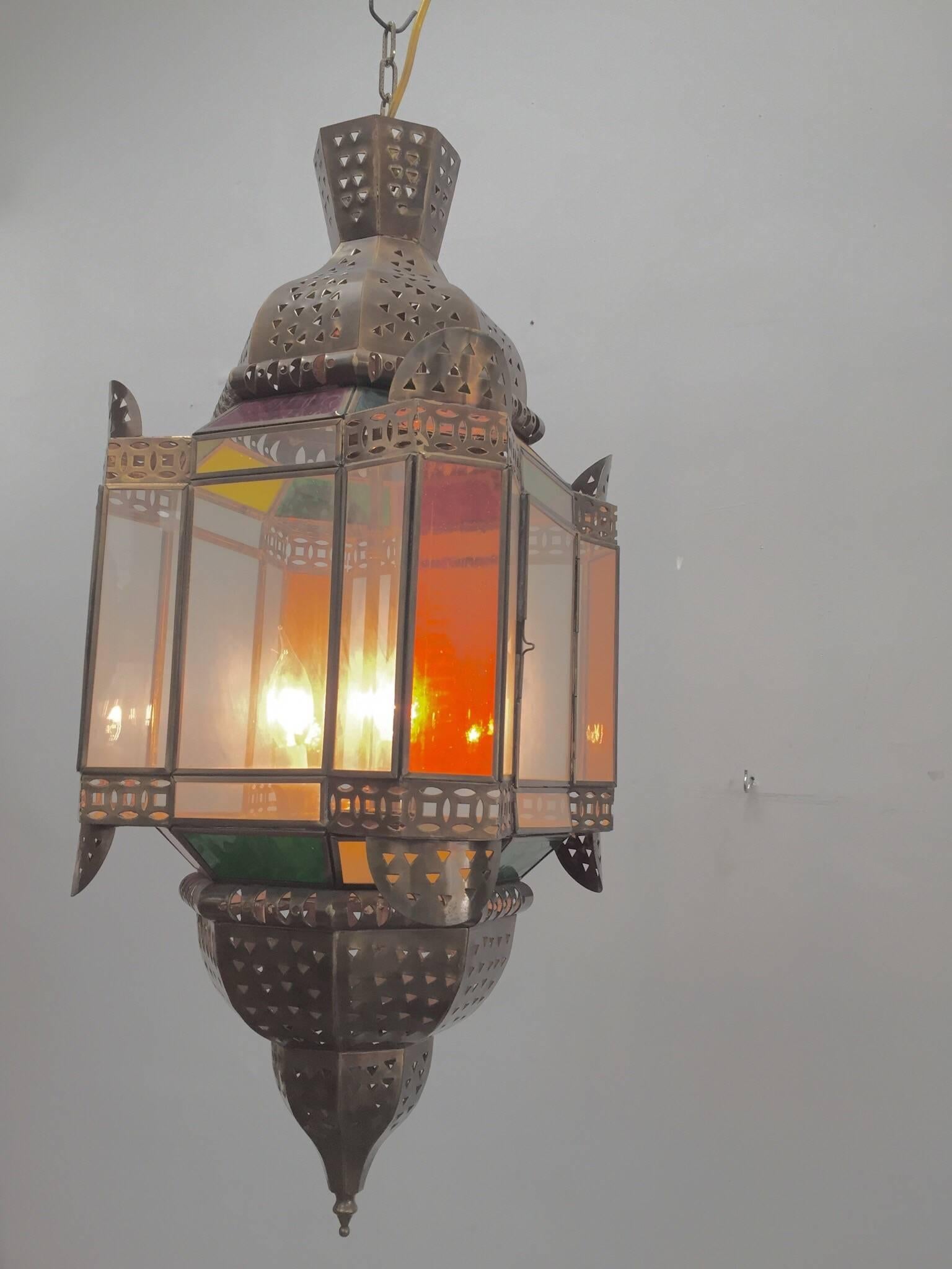 20th Century Moroccan Brass Light Fixture with Amber Colored Stained Glass For Sale