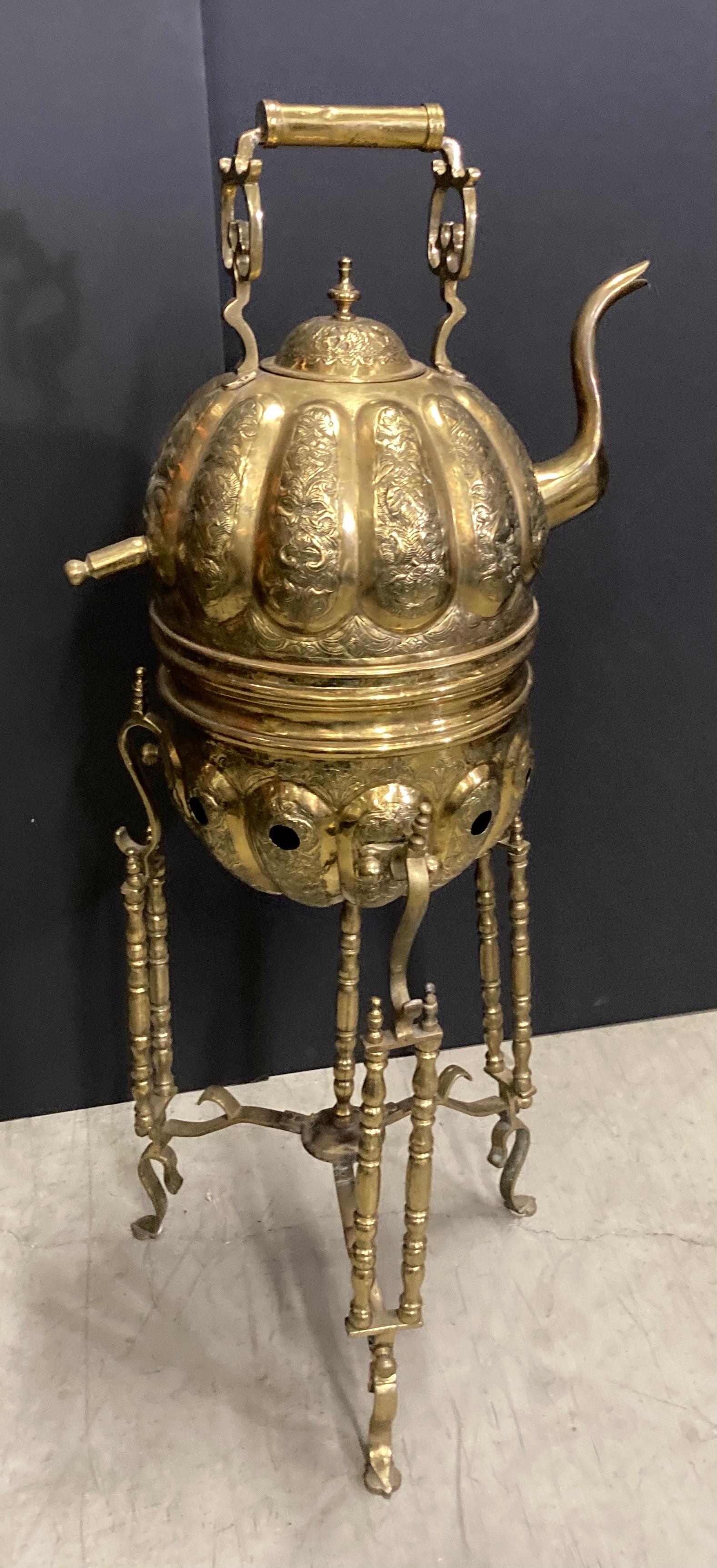 Moroccan Brass Tea Kettle on Stand Handcrafted in Fez Morocco For Sale 5
