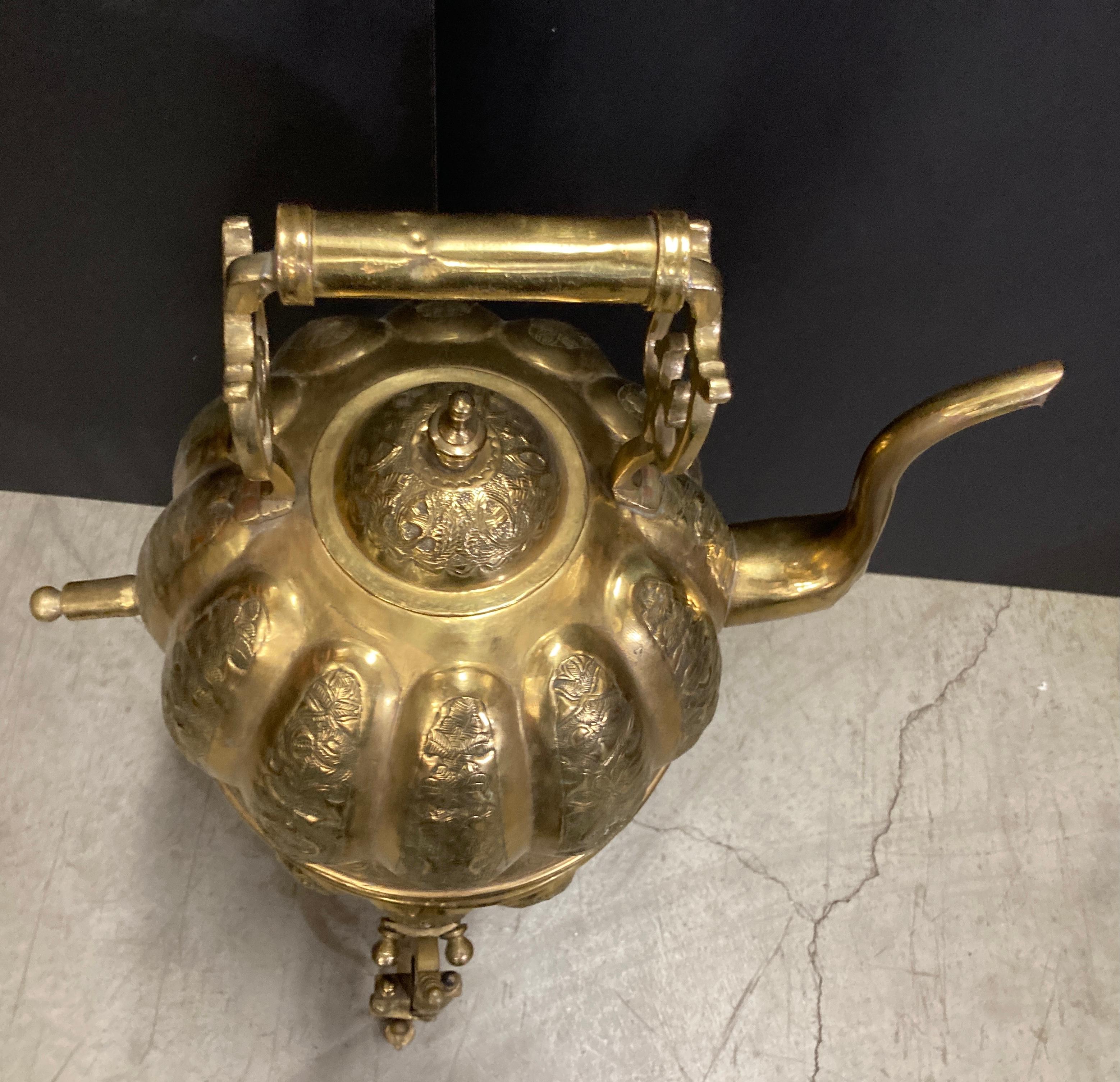 Moroccan Brass Tea Kettle on Stand Handcrafted in Fez Morocco For Sale 6