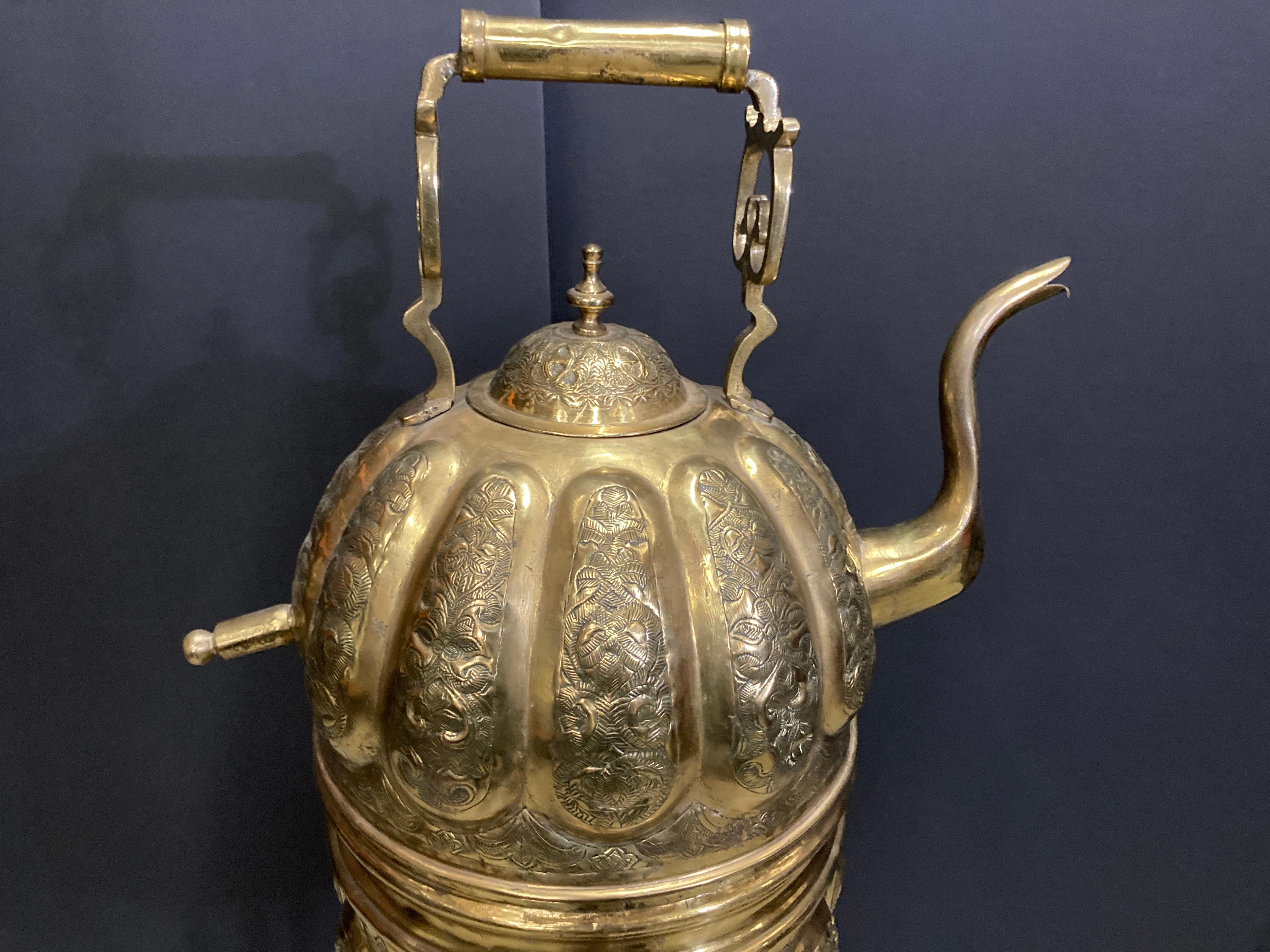 Moroccan Brass Tea Kettle on Stand Handcrafted in Fez Morocco For Sale 7
