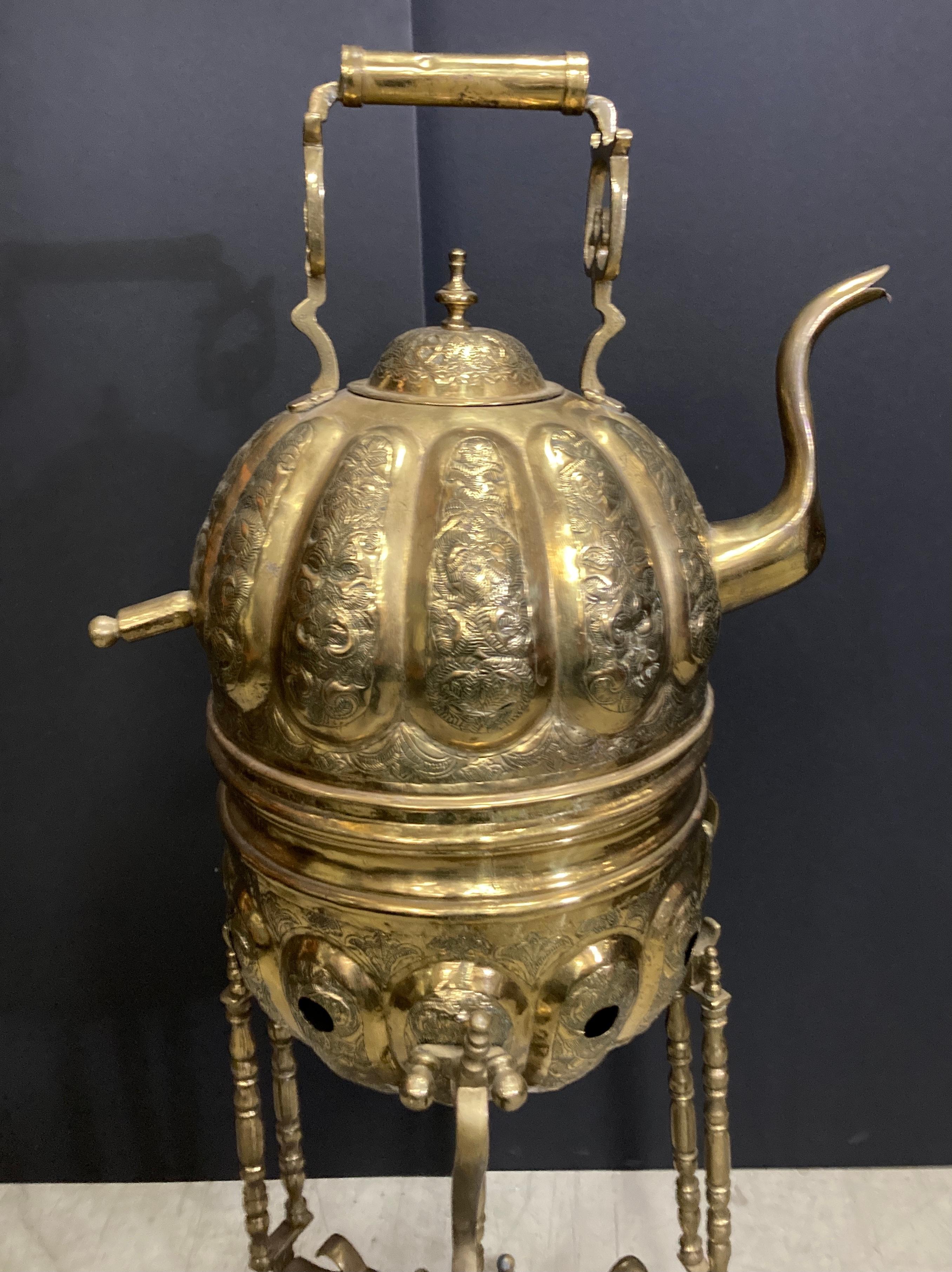 Moroccan Brass Tea Kettle on Stand Handcrafted in Fez Morocco For Sale 8