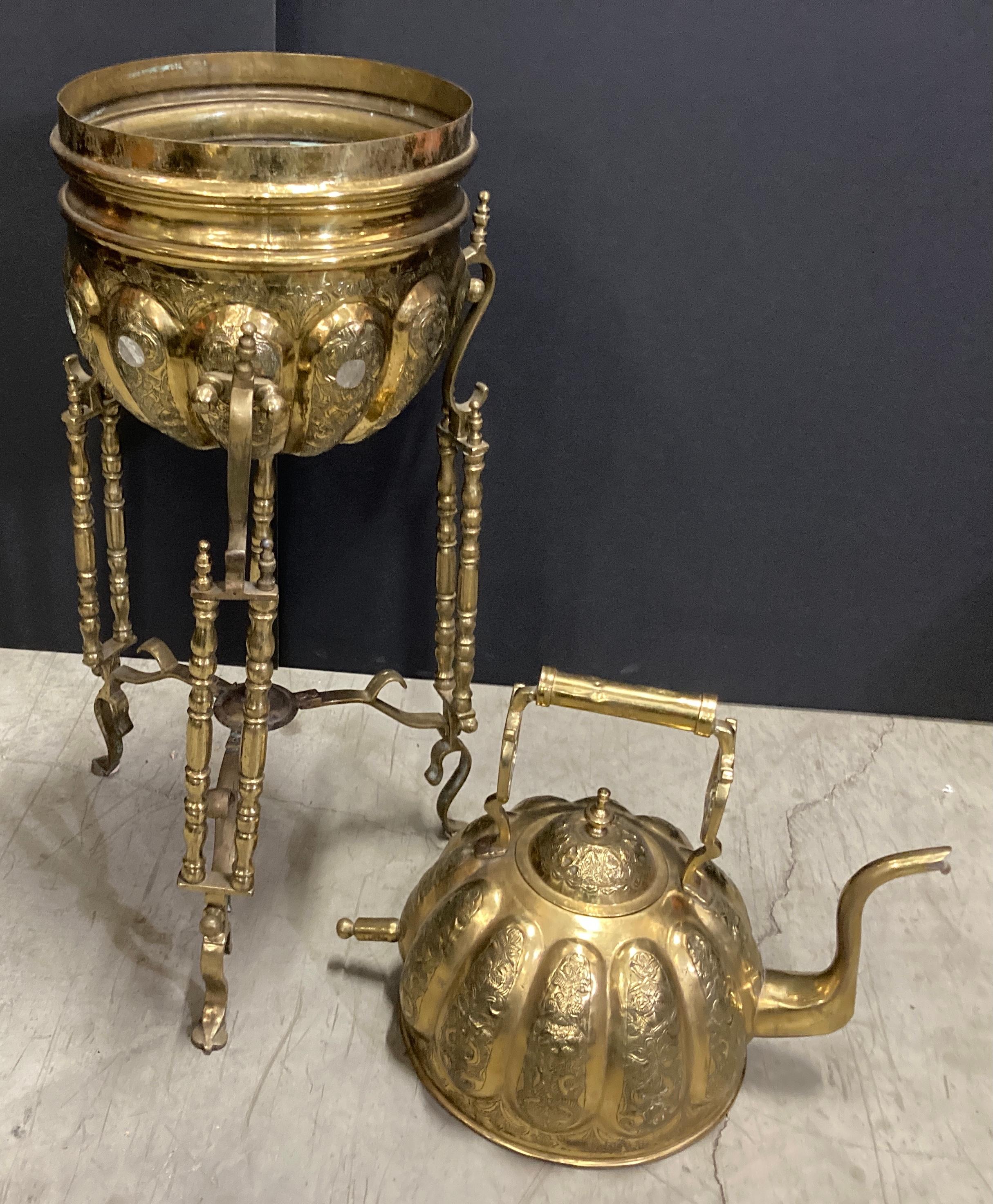 Moroccan Brass Tea Kettle on Stand Handcrafted in Fez Morocco For Sale 9