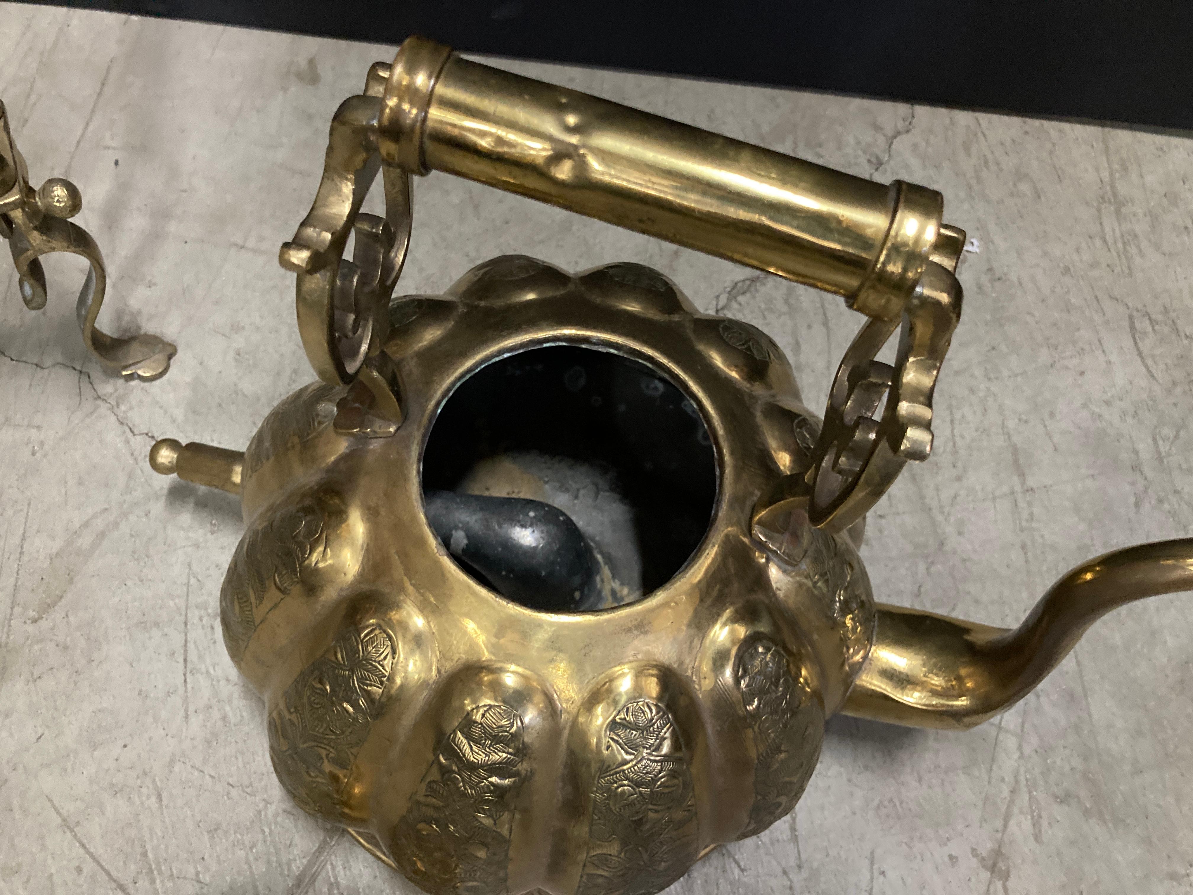 Moroccan Brass Tea Kettle on Stand Handcrafted in Fez Morocco For Sale 11